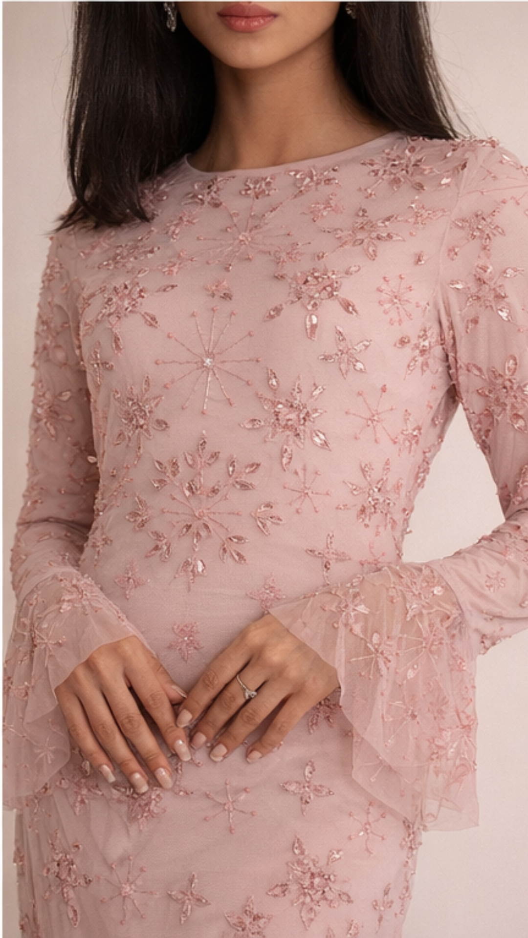 Pink Star Sequin Evening Dress With Flare Sleeves