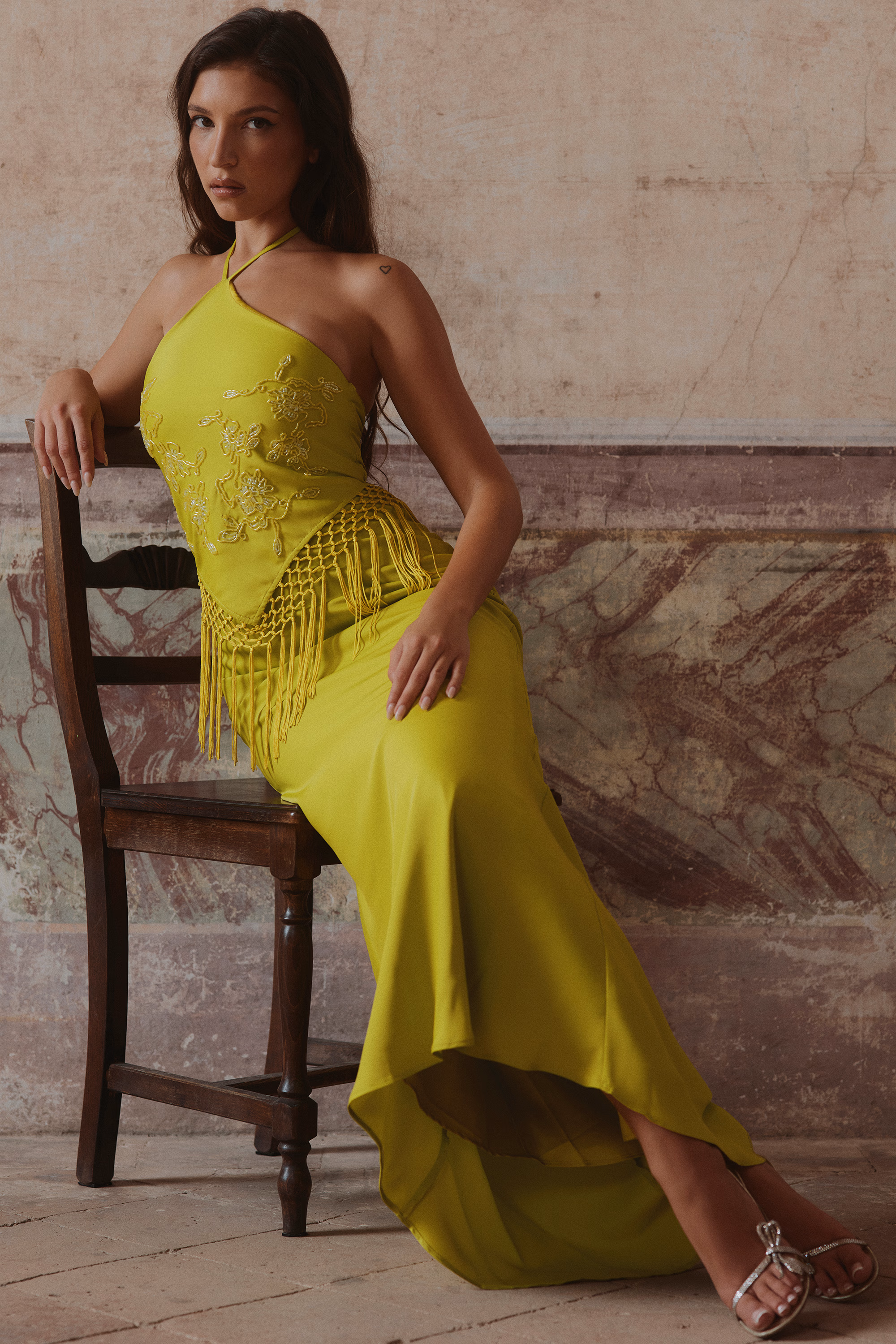 Sareena Chartreuse Satin Custom Embellished Fringed Maxi Dress