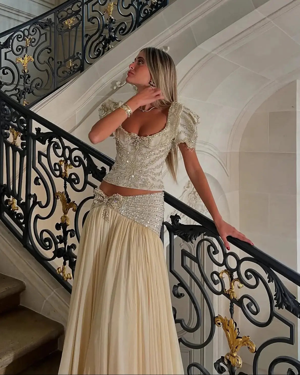 Champagne Beaded Two Piece Evening Dress SS544