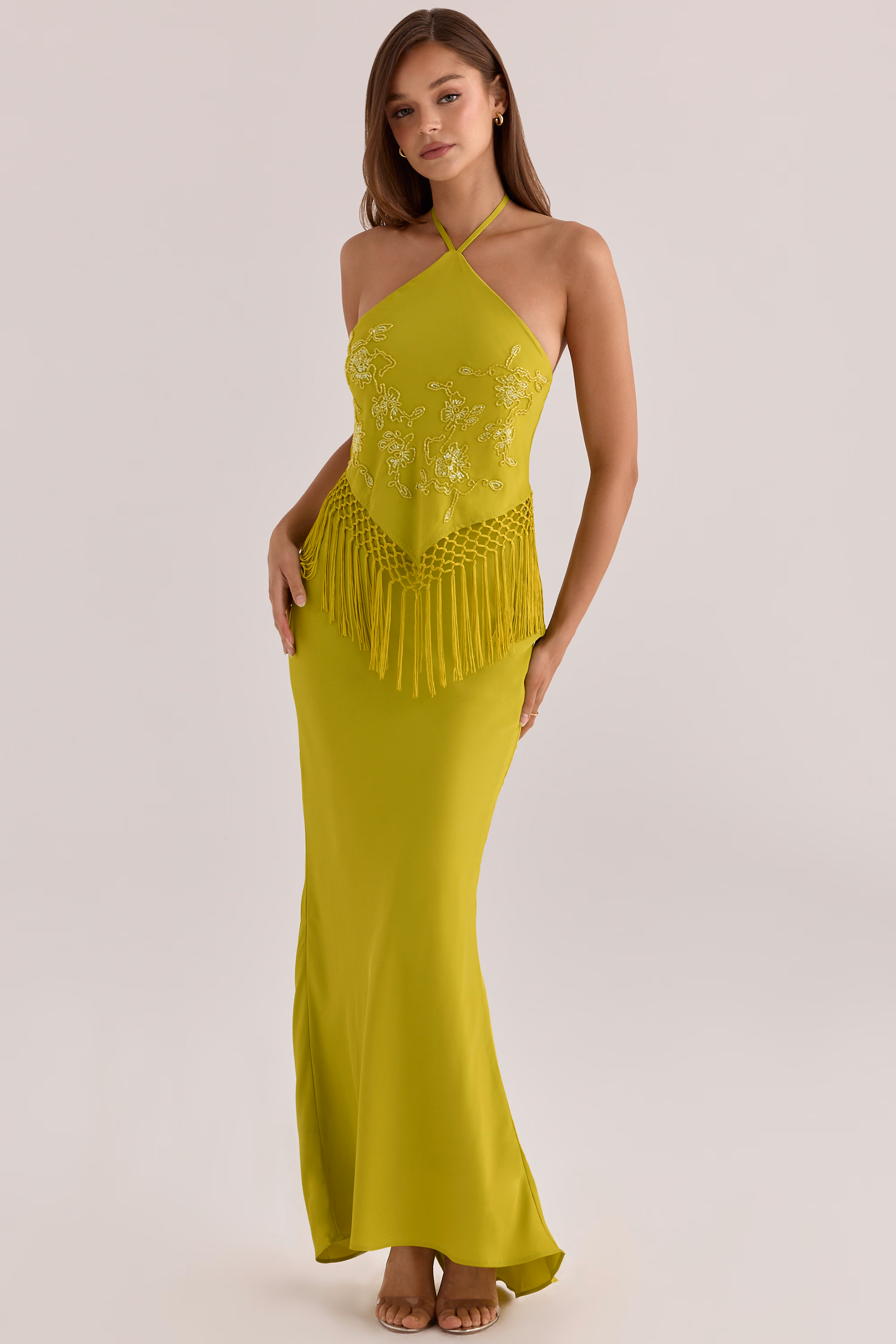 Sareena Chartreuse Satin Custom Embellished Fringed Maxi Dress
