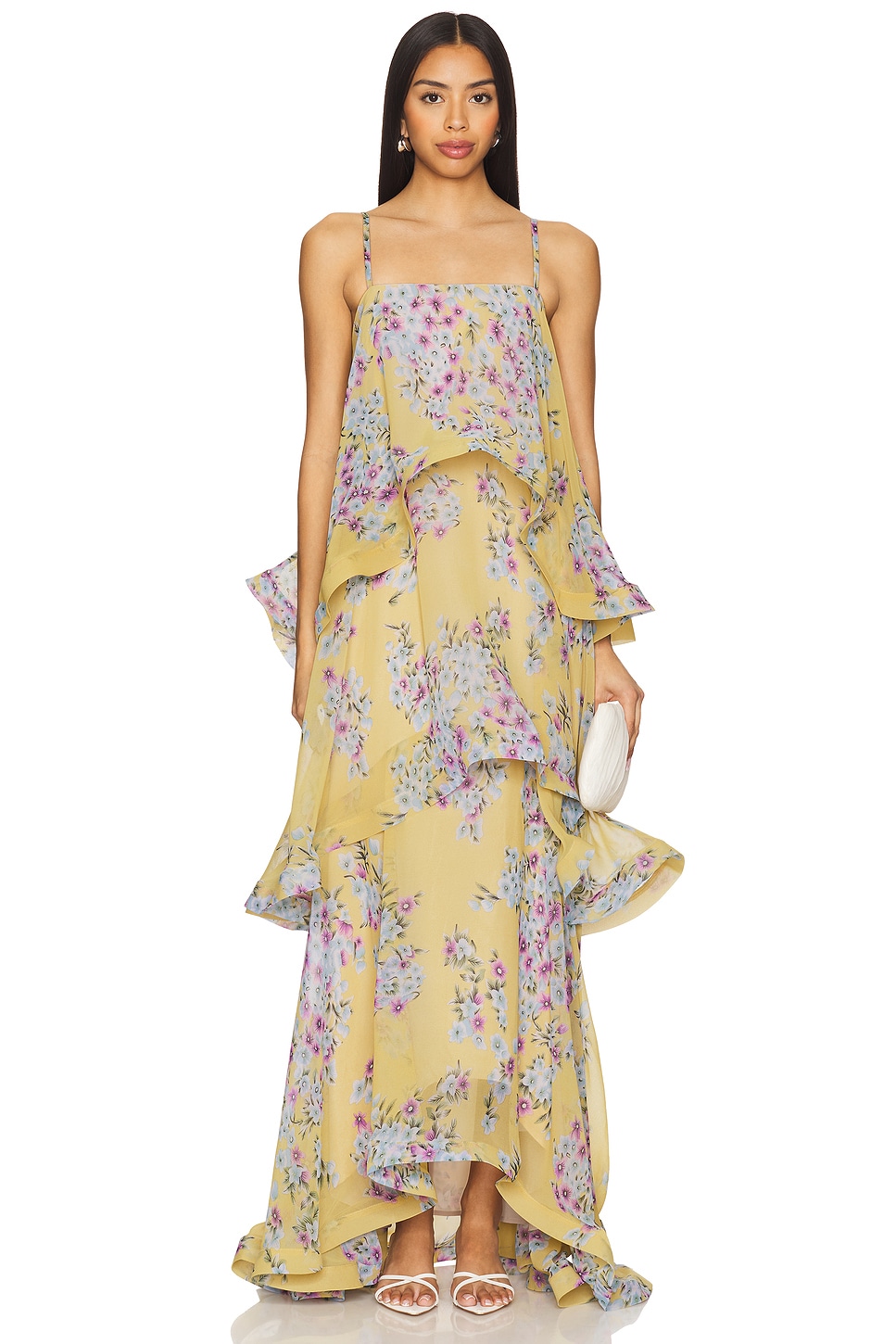 Spaghetti Strap Floral Ruffle Maxi Dress