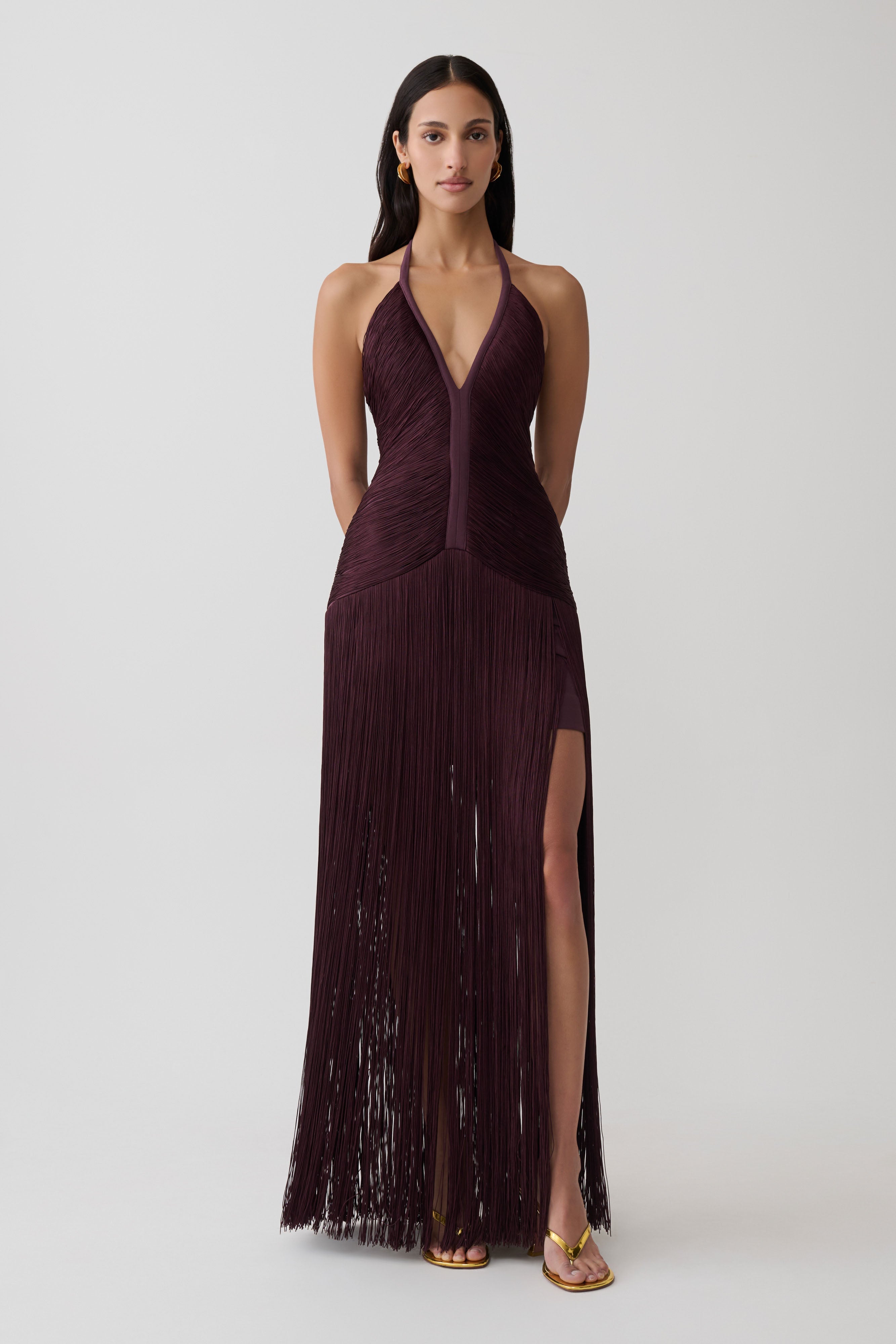Plum Halter Fringe Maxi Dress