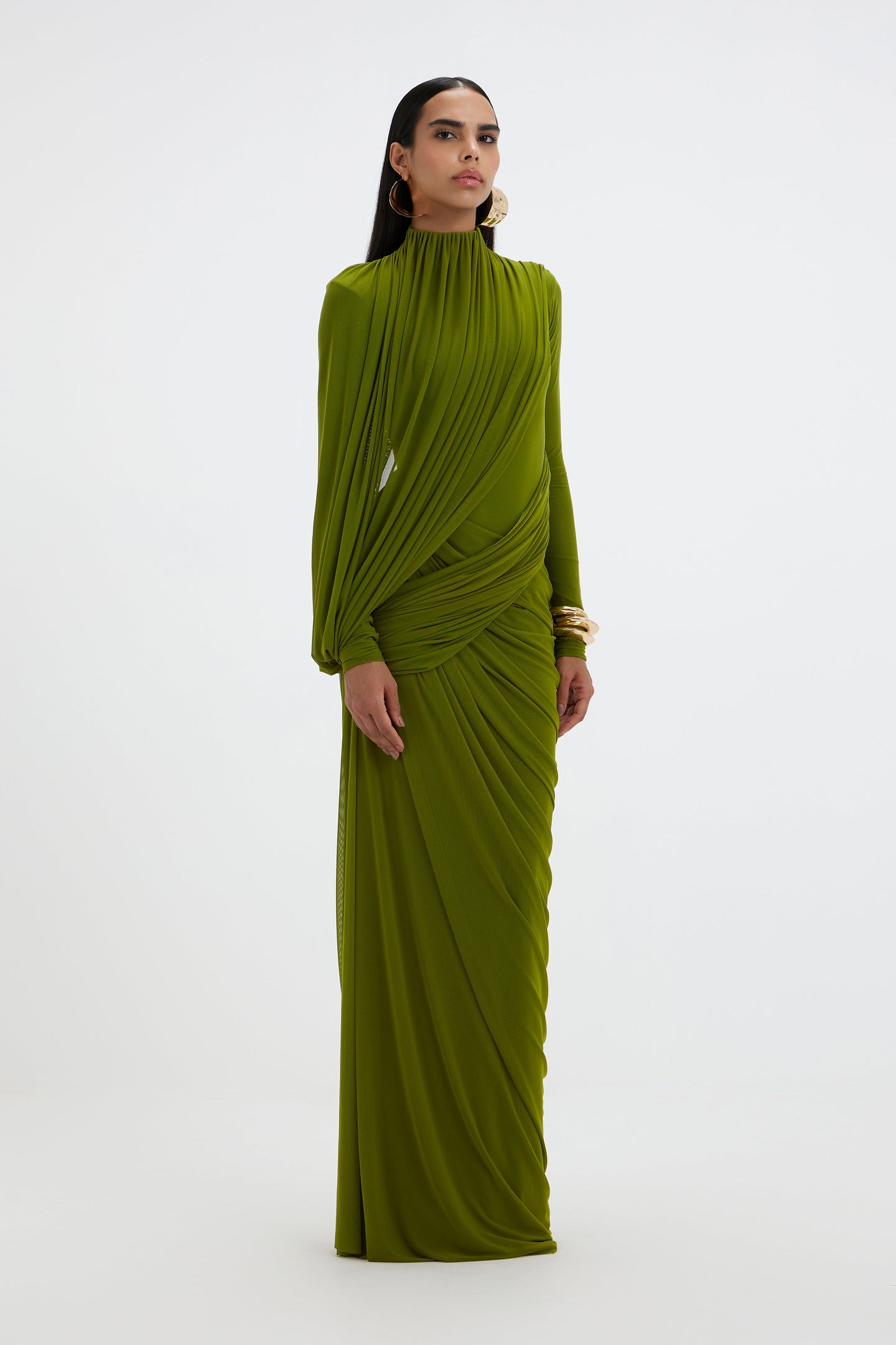 Ruched Draped Long Sleeve Mesh Maxi Dress