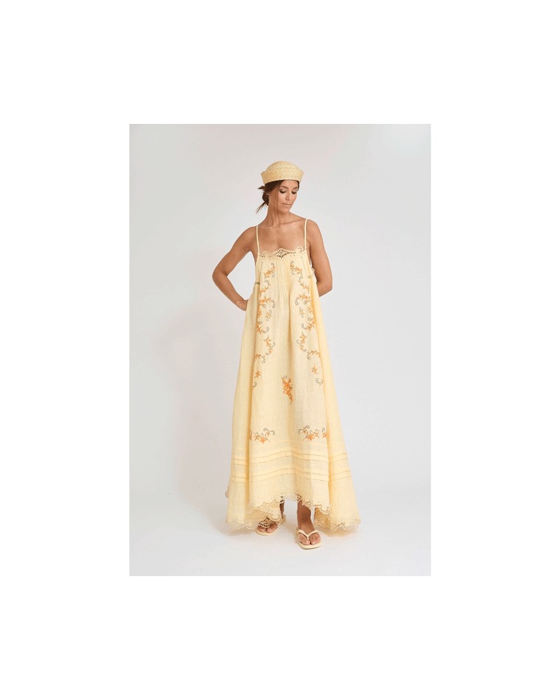 Pale Yellow Linen Embroidered Cami Maxi Dress