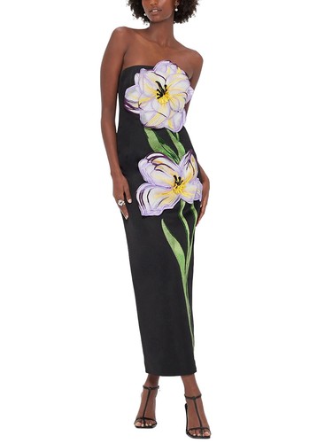 Black Strapless Midi Dress with 3D Purple Yellow Floral Appliqué