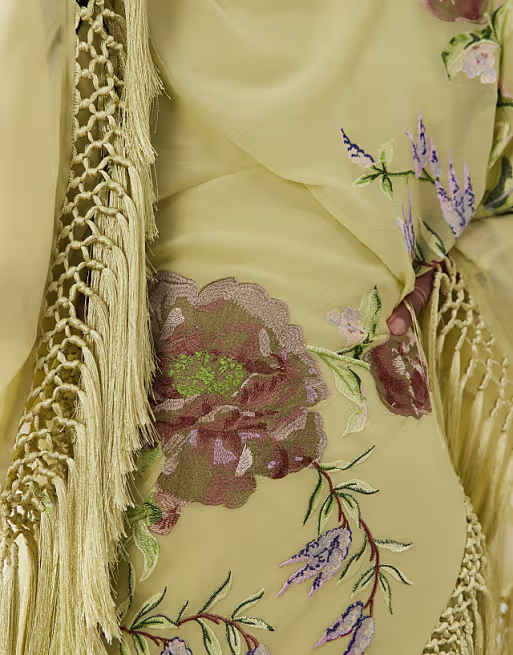Embroidered Green Kimono Maxi Dress with Viscose Fringe