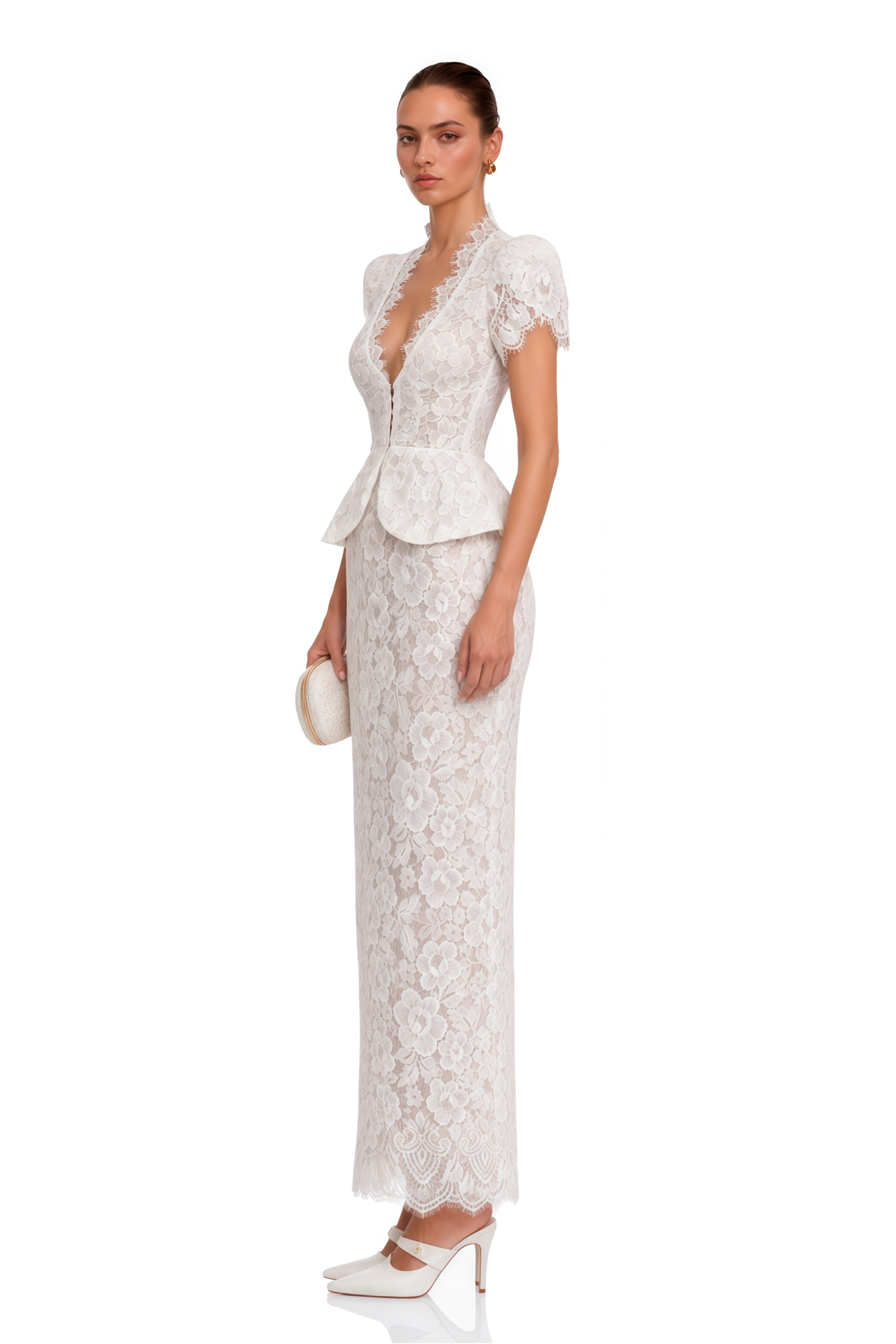 Delilah White Lace High Neck Peplum Blouse &Skirt Set