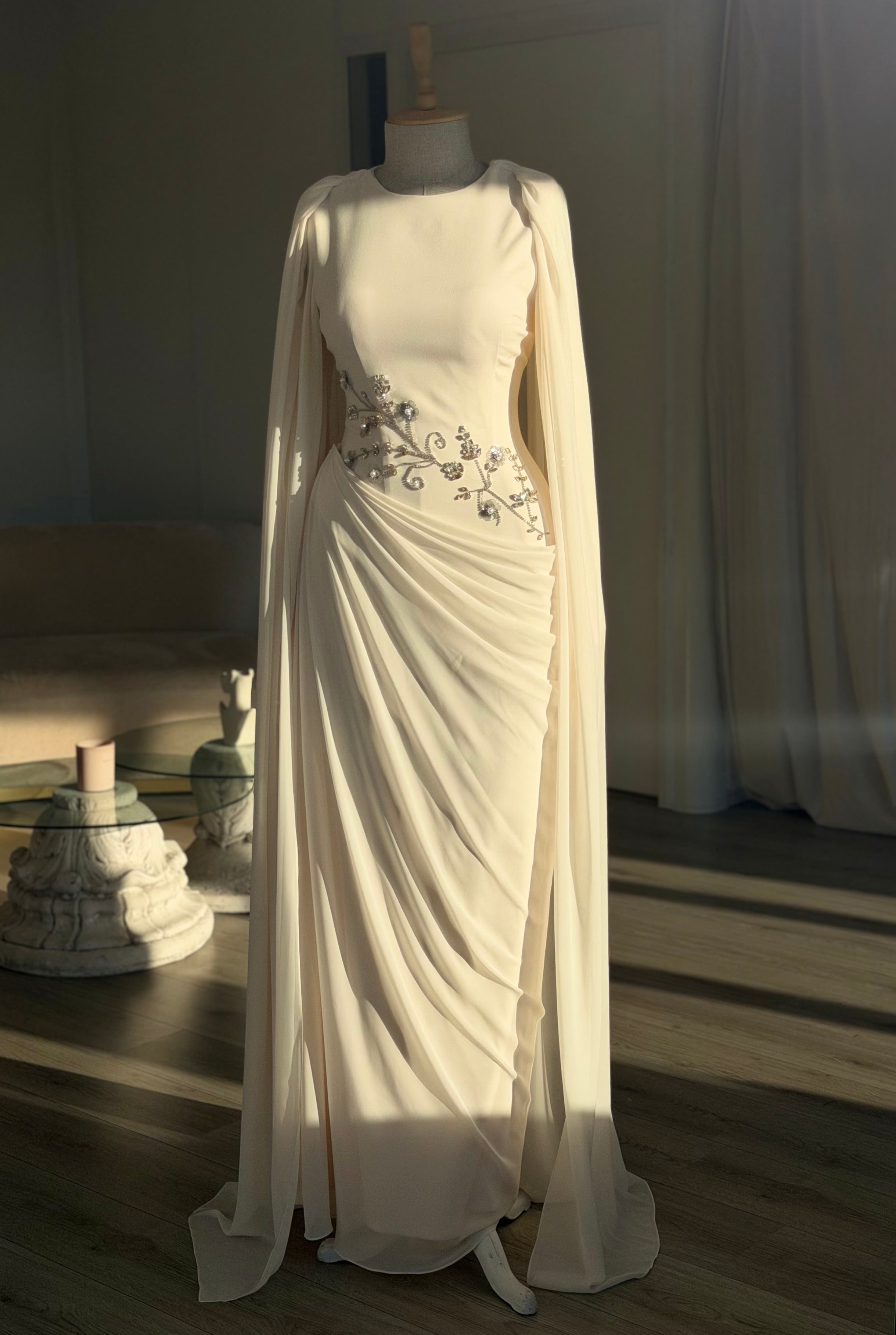 Ivory Floral Beaded Cape Sleeve Gown