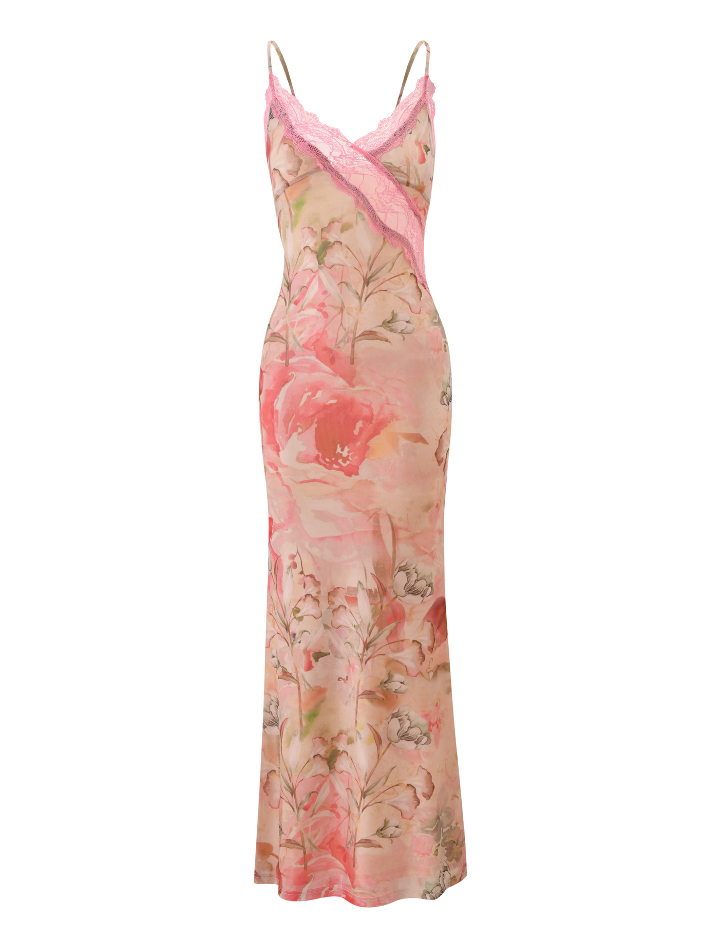 Watercolour Floral Lace Trim Slip Maxi Dress
