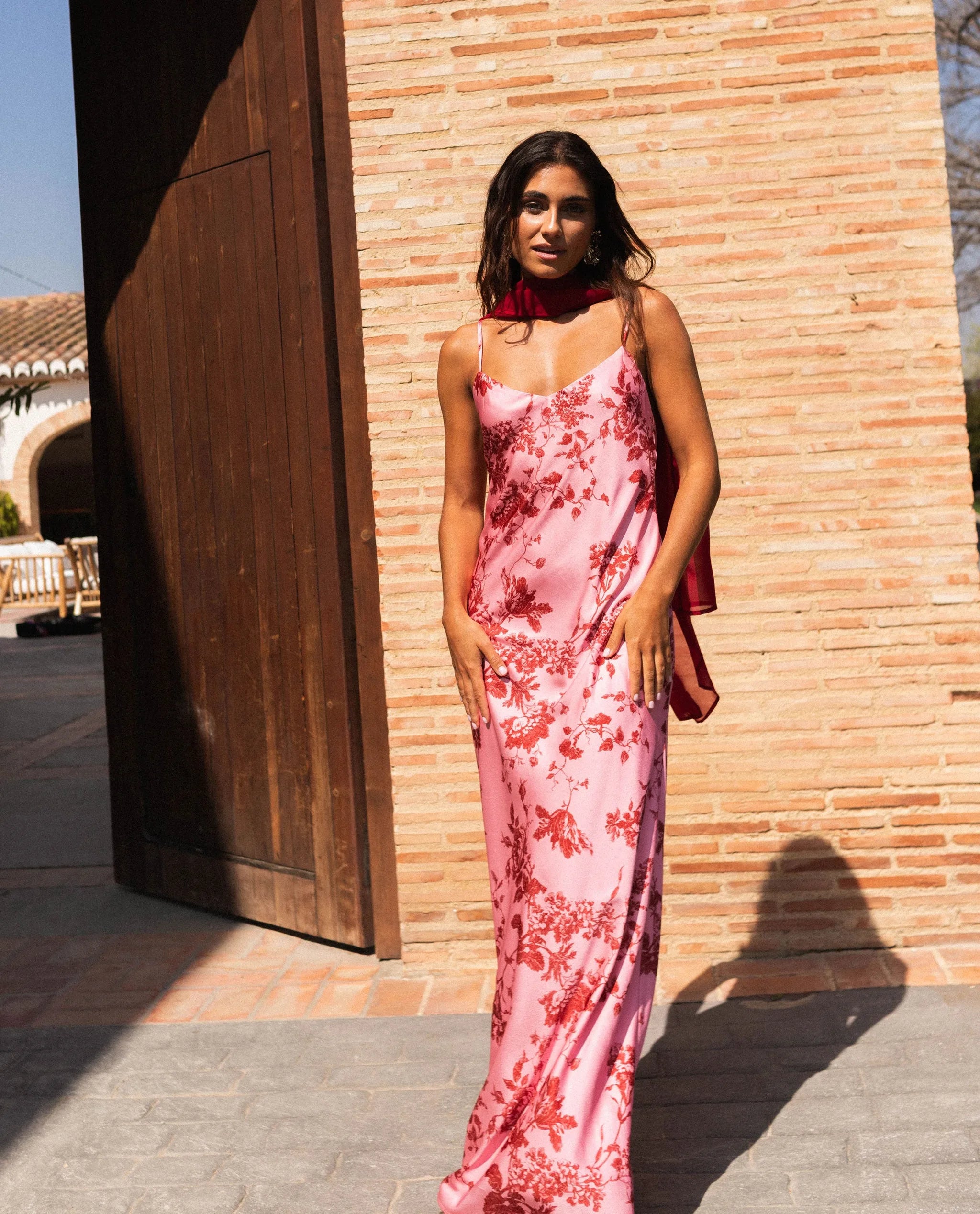 Spaghetti Strap Floral Satin Maxi Dress