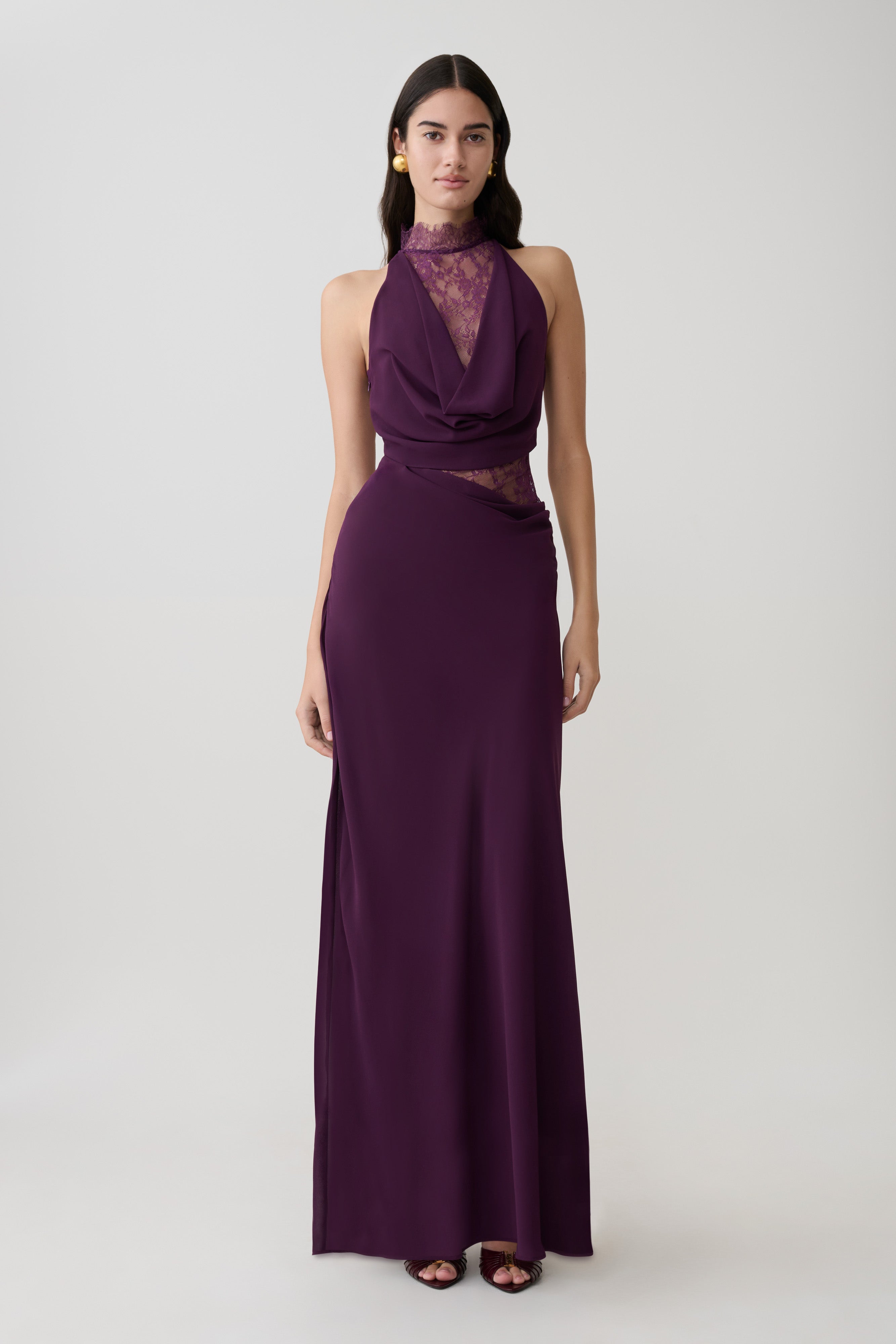 Chiffon And Lace Halter Maxi Dress - Plum