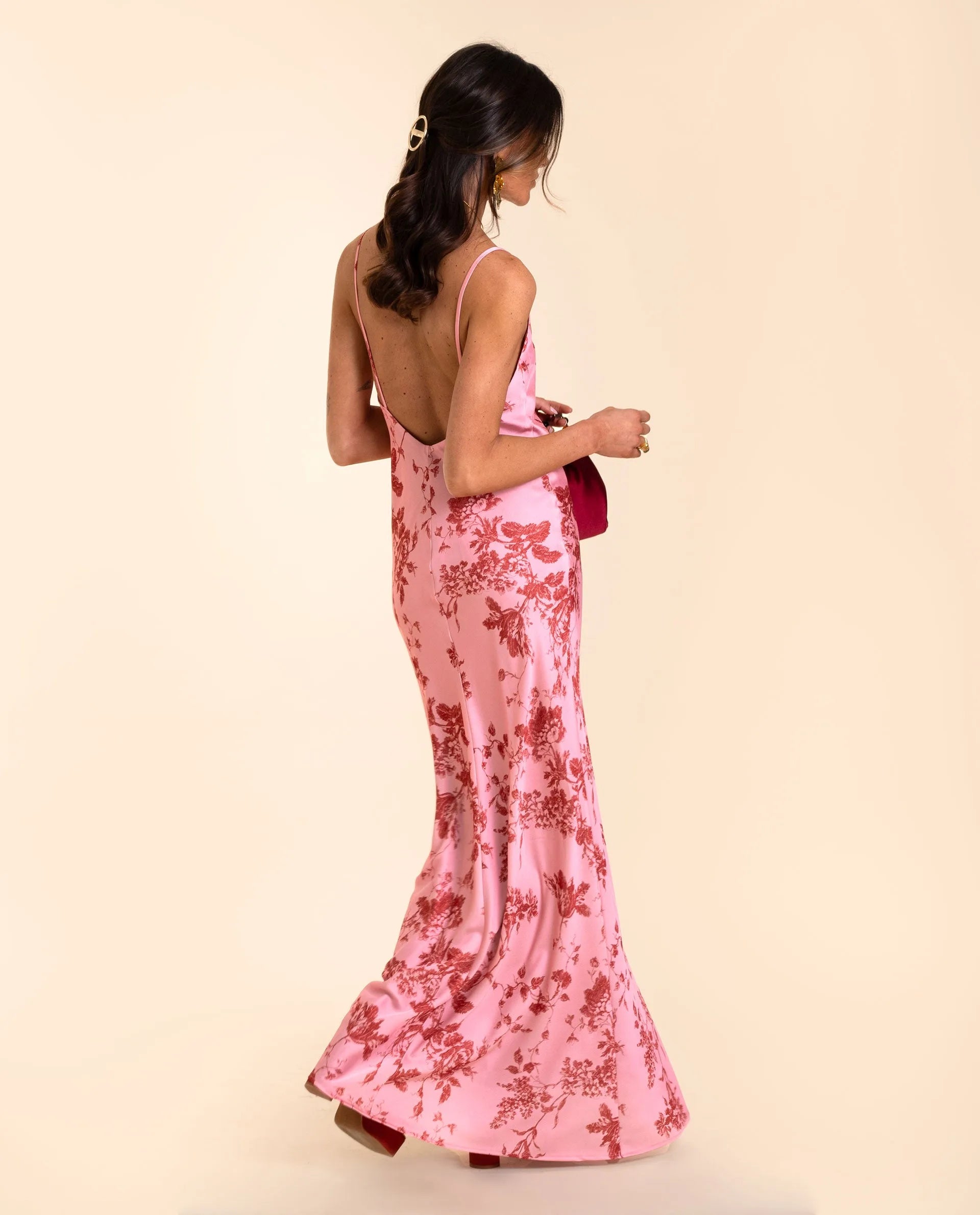 Spaghetti Strap Floral Satin Maxi Dress