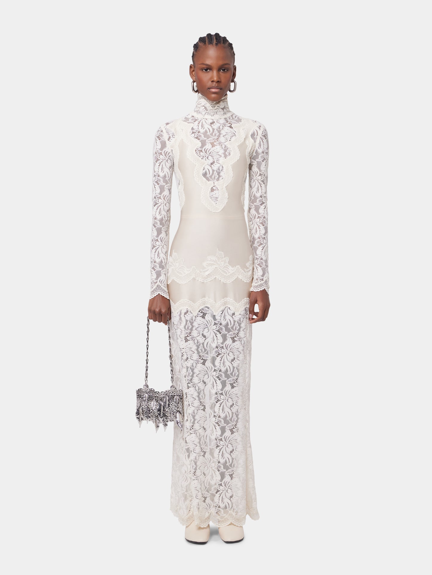 Cream Lace High Neck Long Sleeve Maxi Dress