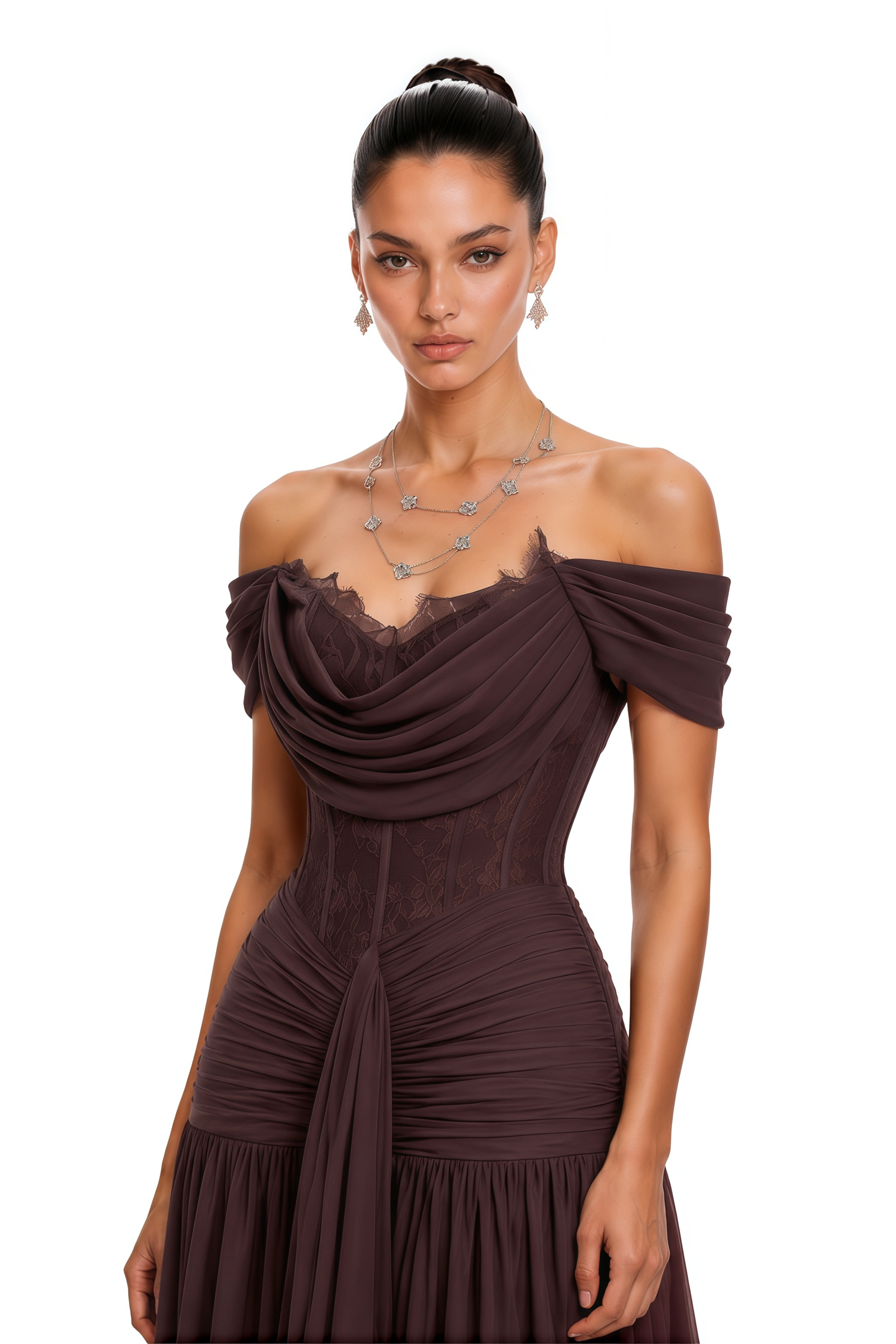 Eponine Brown Lace Ruched Off-Shoulder Maxi Dress