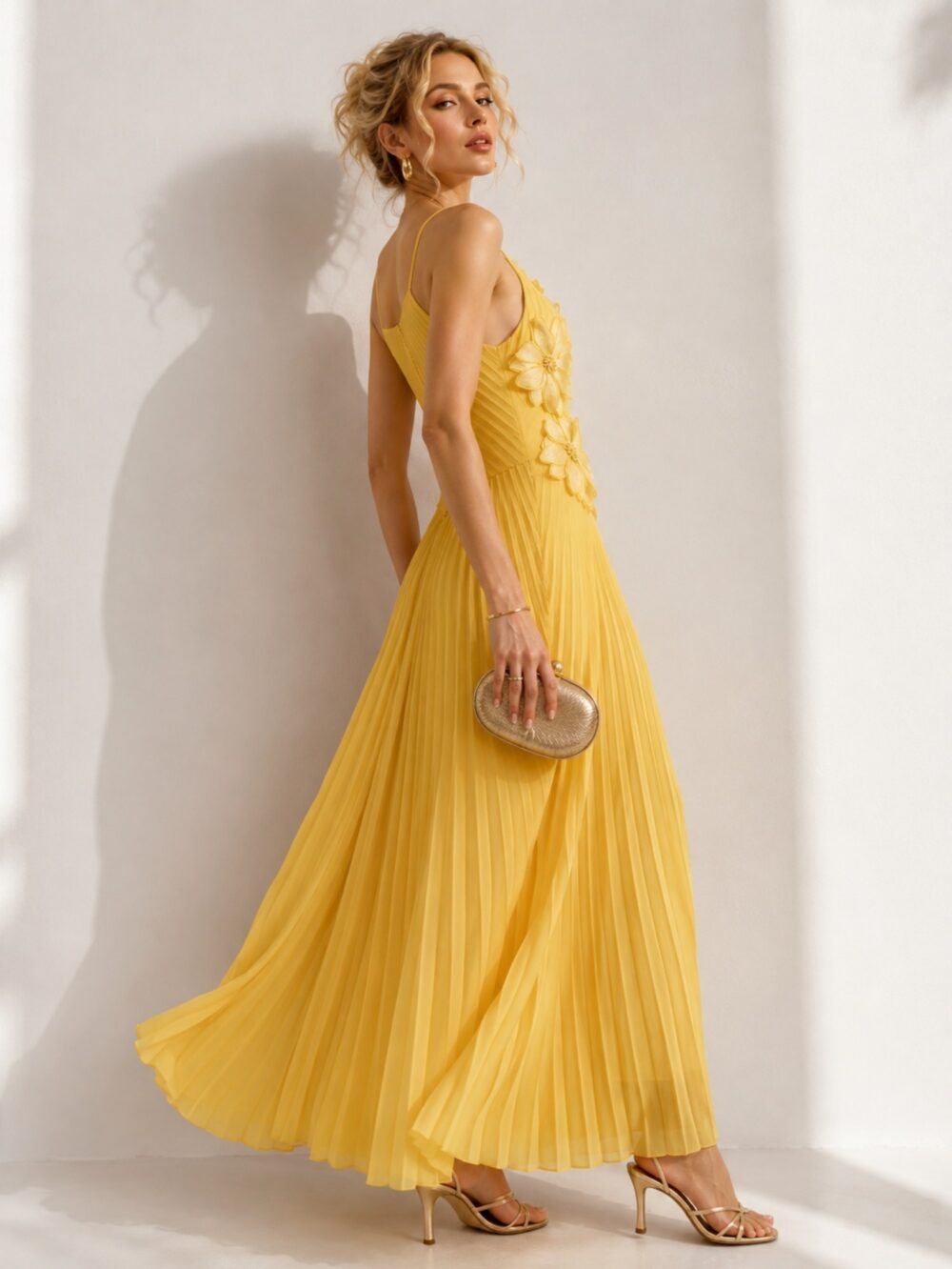 Butter Yellow Floral Pleated Midi Dress