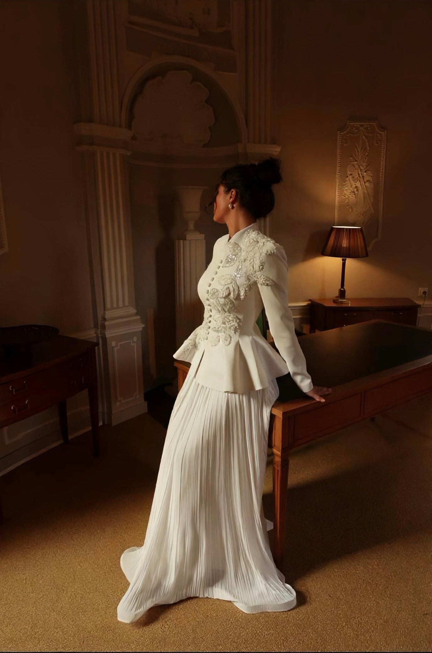Ivory Beaded Embroidery Peplum Suit
