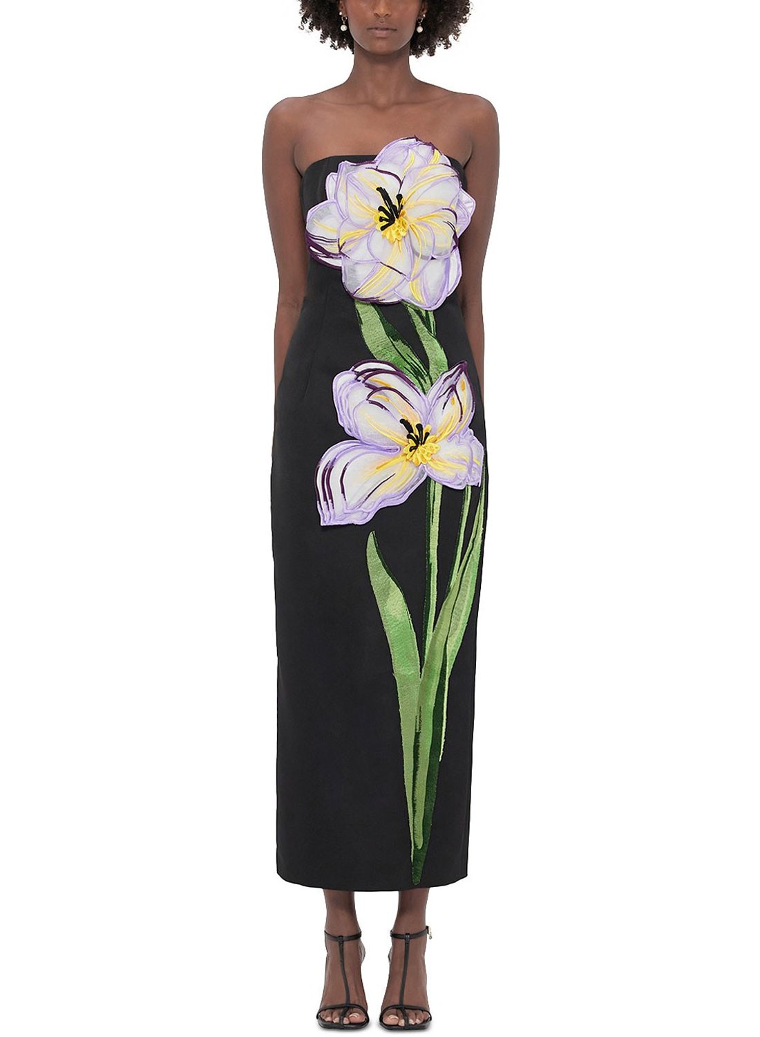 Black Strapless Midi Dress with 3D Purple Yellow Floral Appliqué