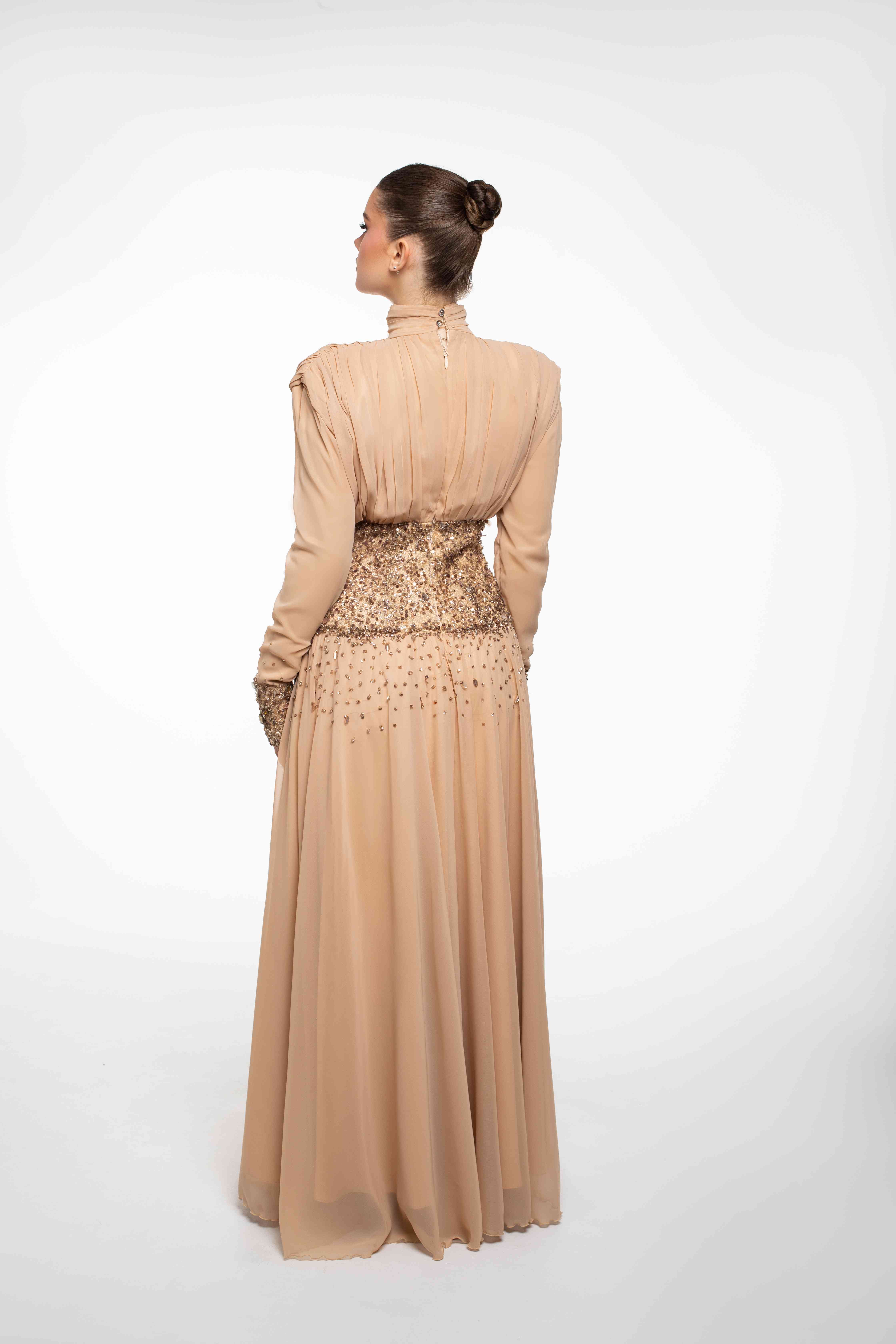 Luxury Hand-Beaded Waist Long Sleeve Chiffon Maxi Gown