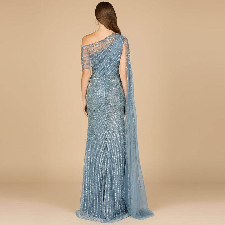 One Shoulder Fitted Gown with Cape Sleeve