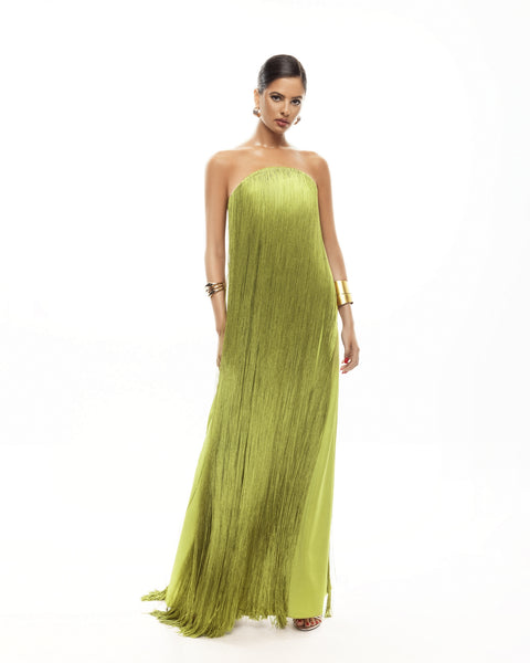 Monroe Pistachio Fringe Strapless Gown