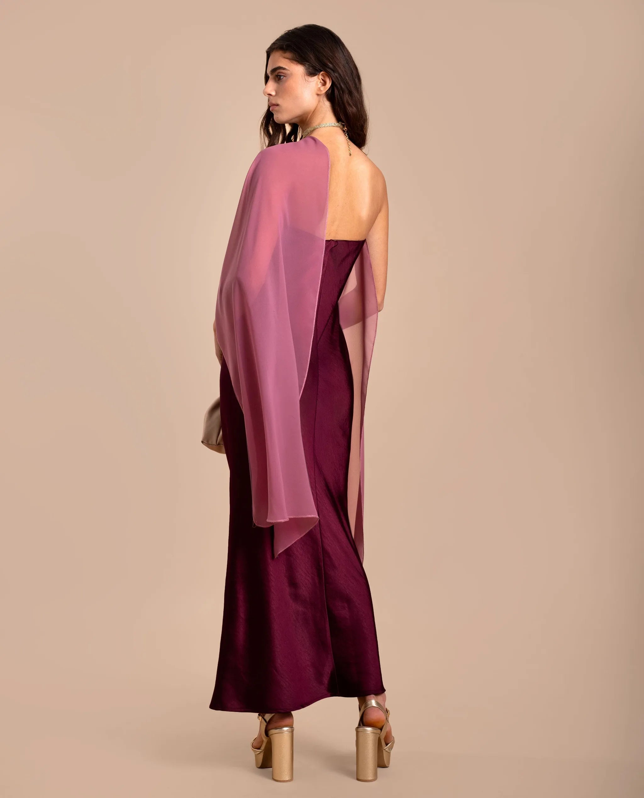 Flowy Chiffon Cape Overlay Gown