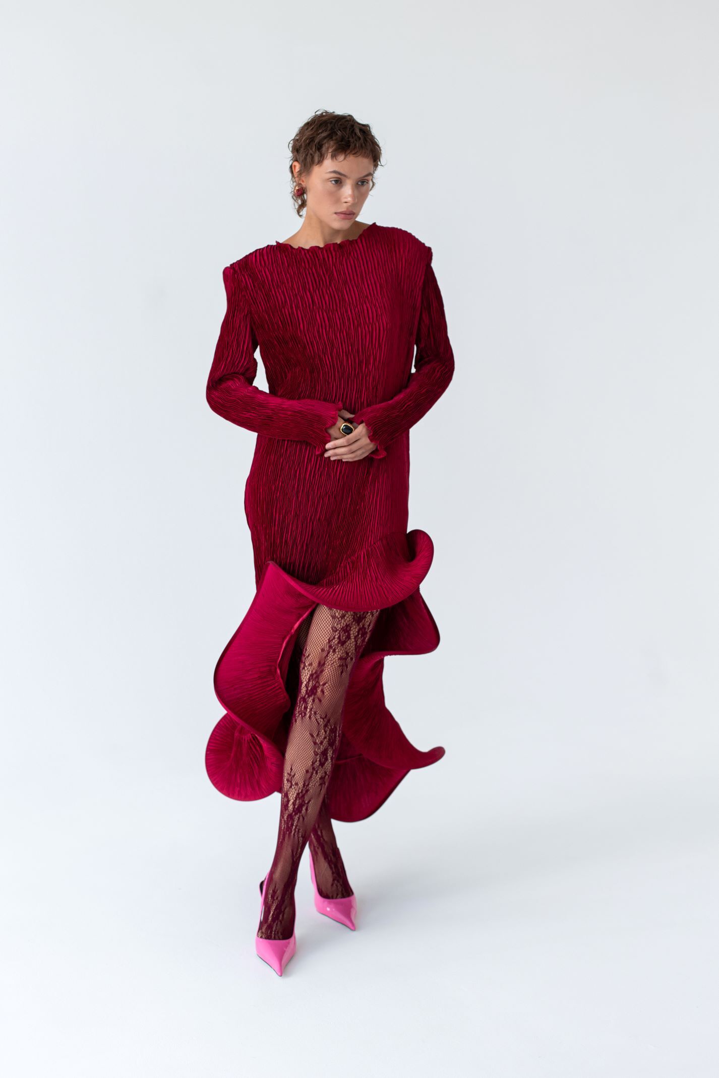 Flared Skirt with Ruffled Hem Long-sleeve Dress