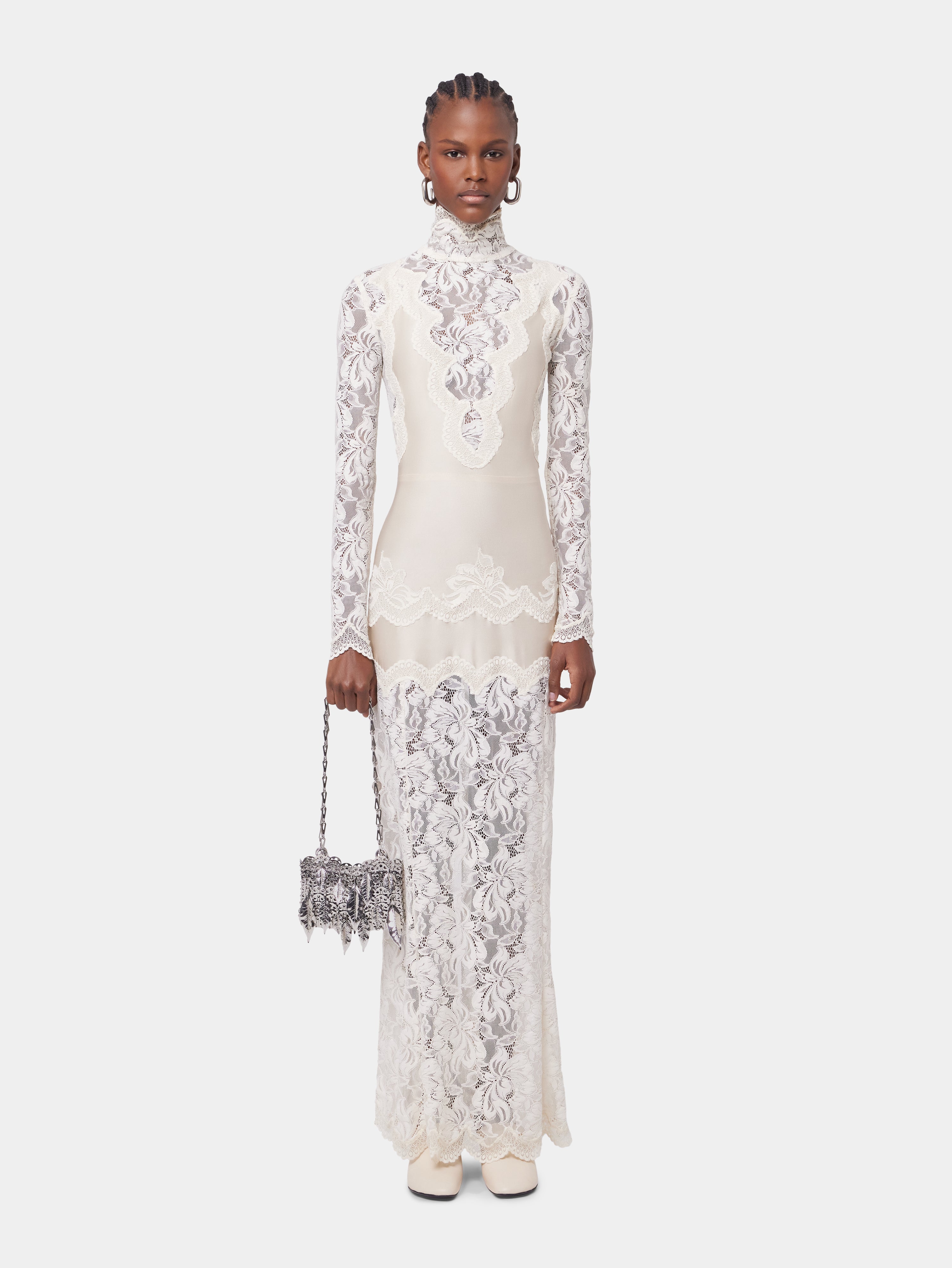 Cream Lace High Neck Long Sleeve Maxi Dress
