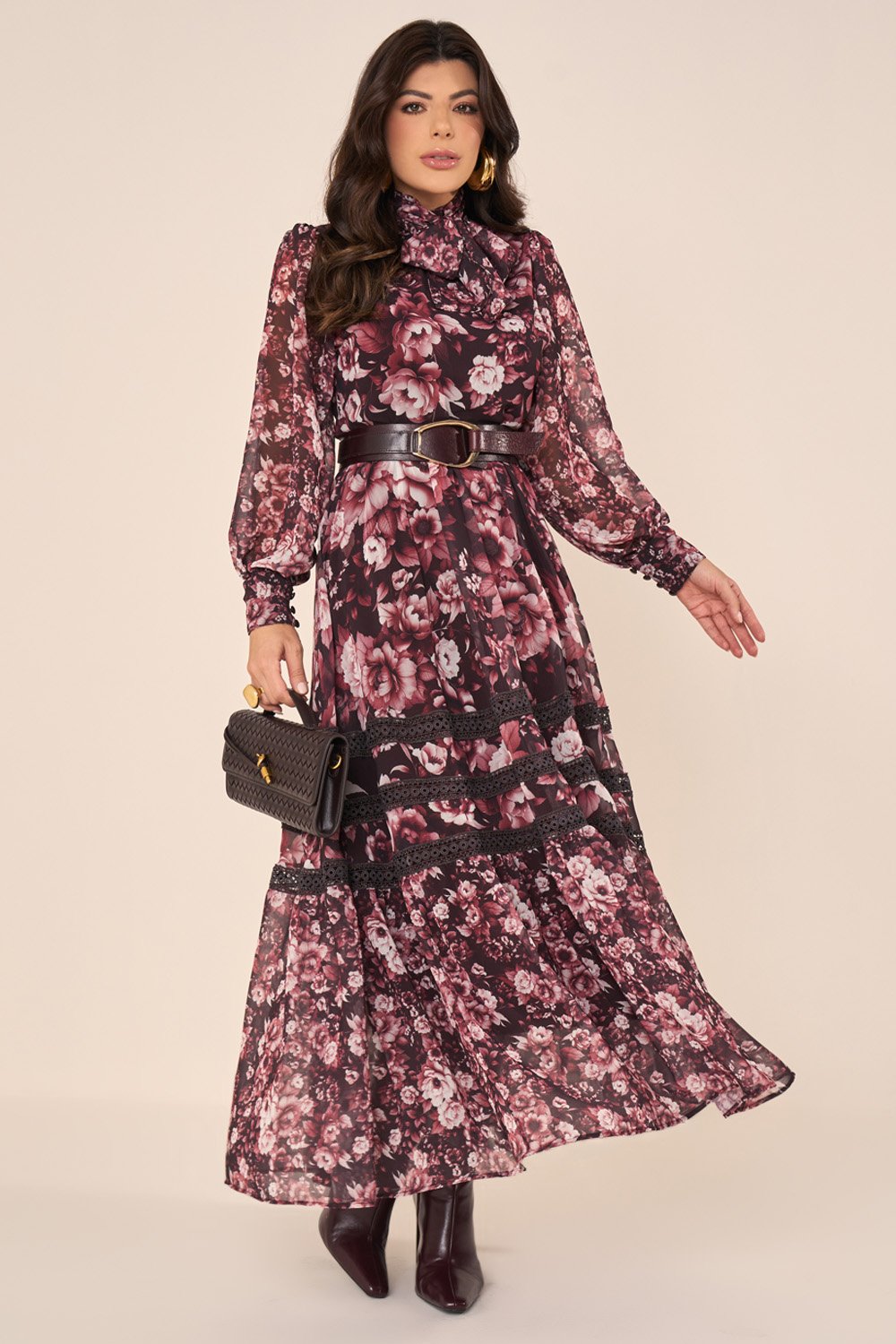 Vestido Longo Floral com Guipir Vinho