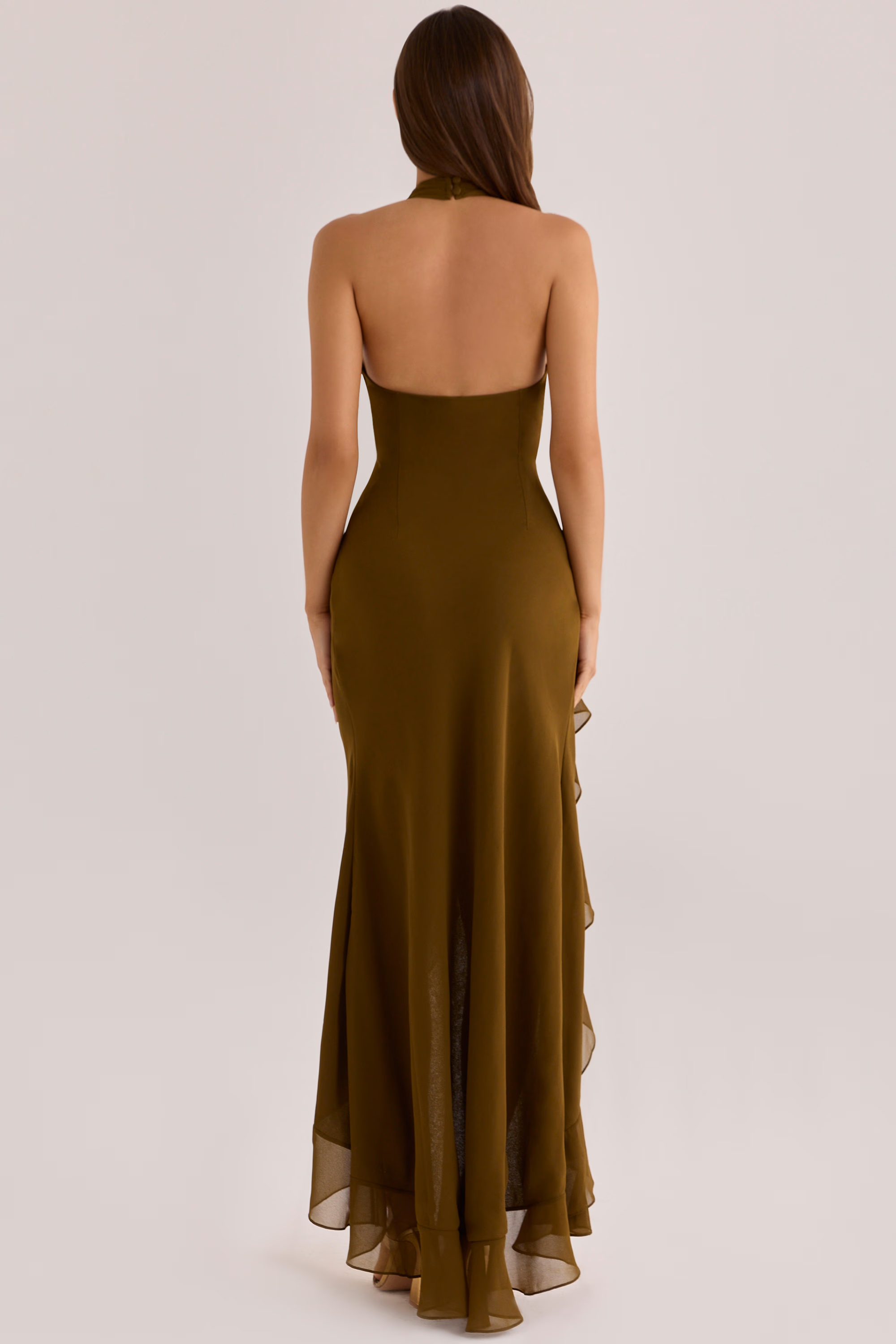 Raquel Bronze Georgette Hand Embellished Beaded Halter Maxi Dress