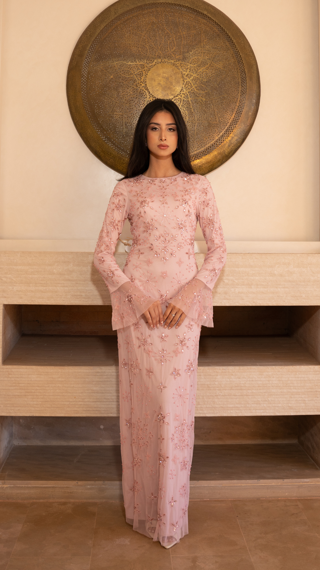 Pink Star Sequin Evening Dress With Flare Sleeves