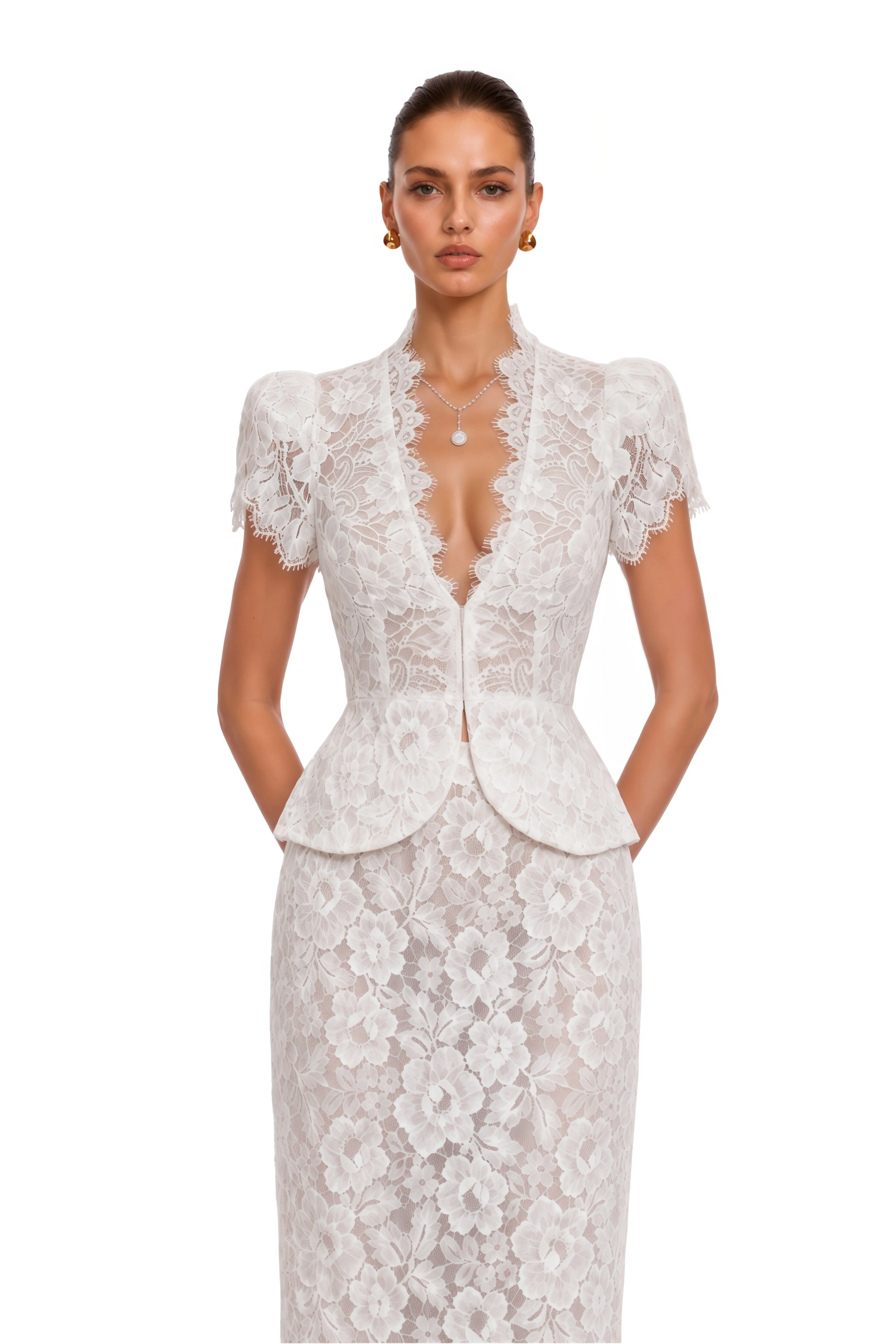 Delilah White Lace High Neck Peplum Blouse &Skirt Set