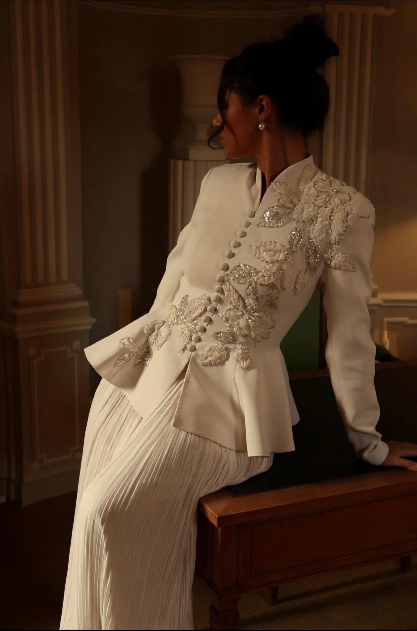 Ivory Beaded Embroidery Peplum Suit