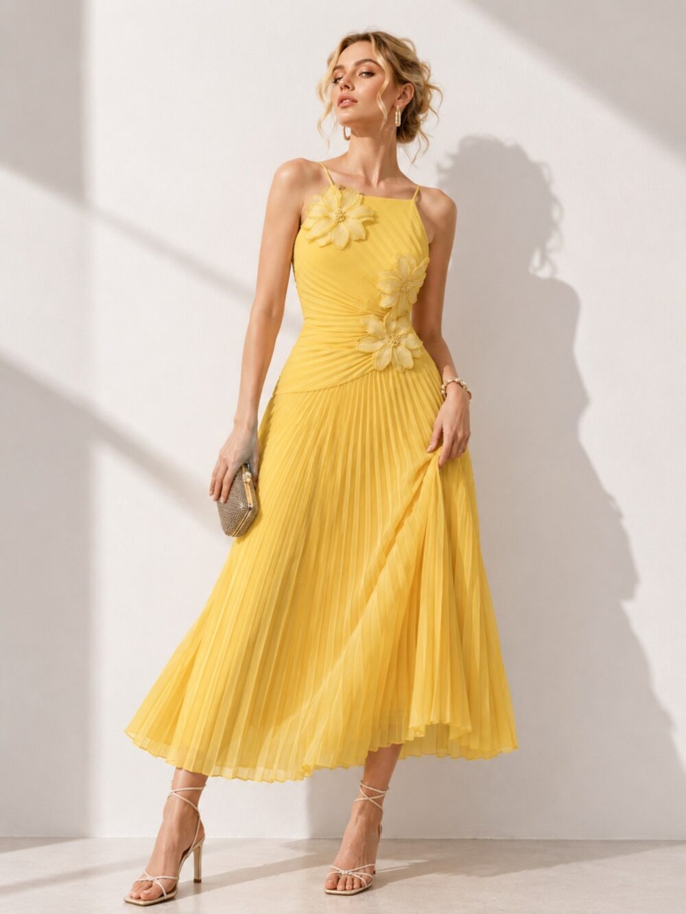 Butter Yellow Floral Pleated Midi Dress