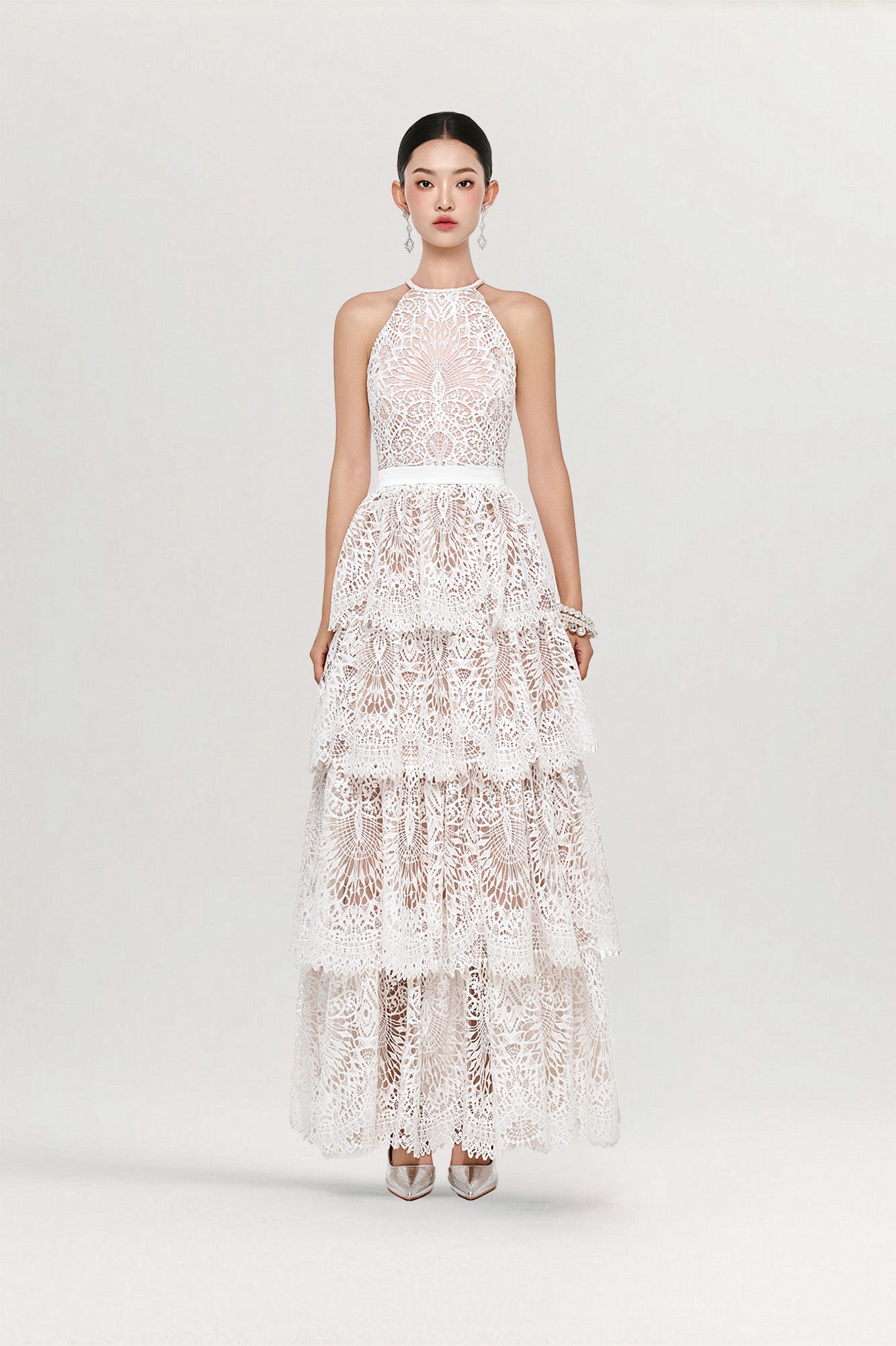 Ivory Tiered Halter Gown - White