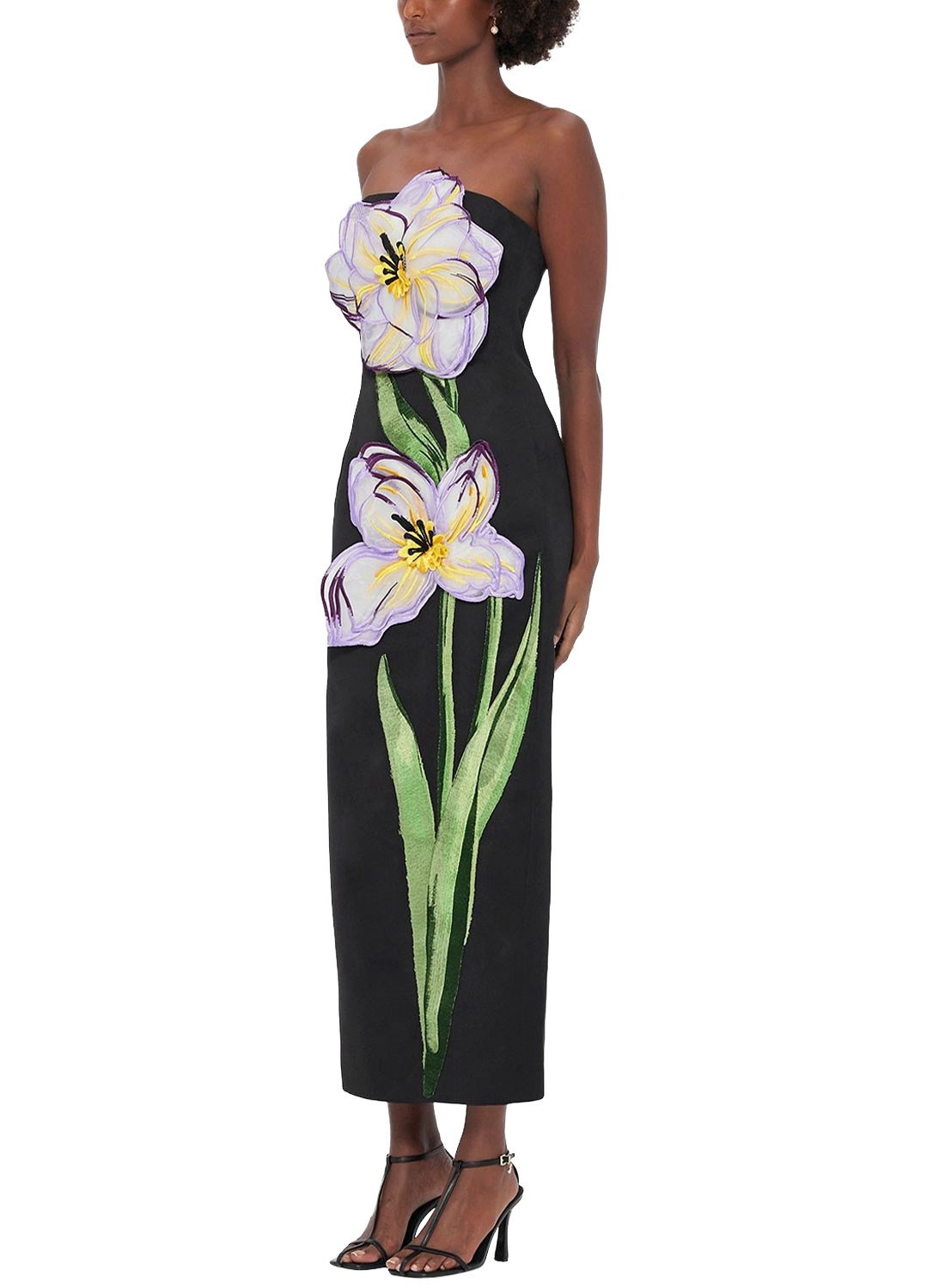 Black Strapless Midi Dress with 3D Purple Yellow Floral Appliqué