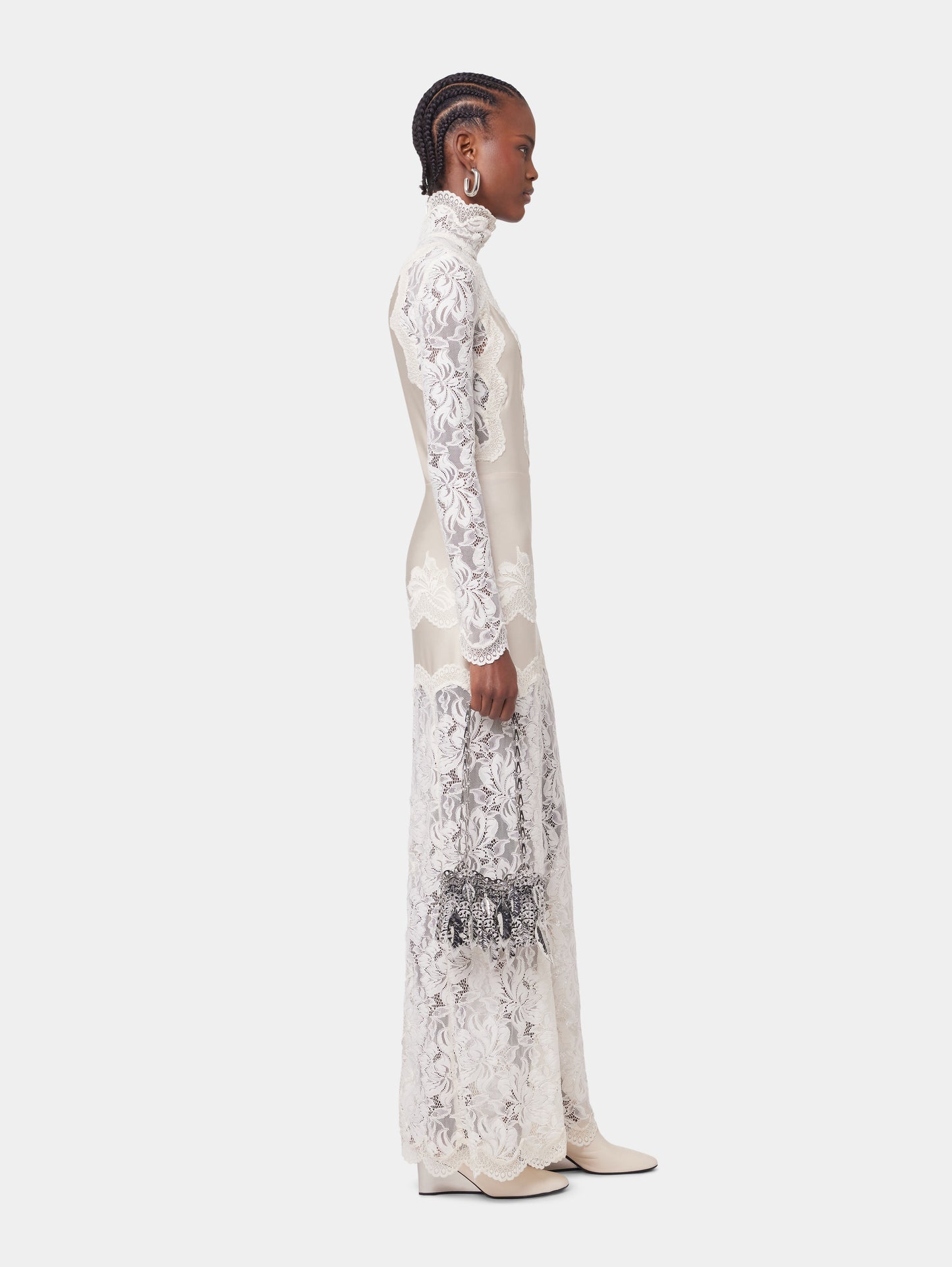 Cream Lace High Neck Long Sleeve Maxi Dress