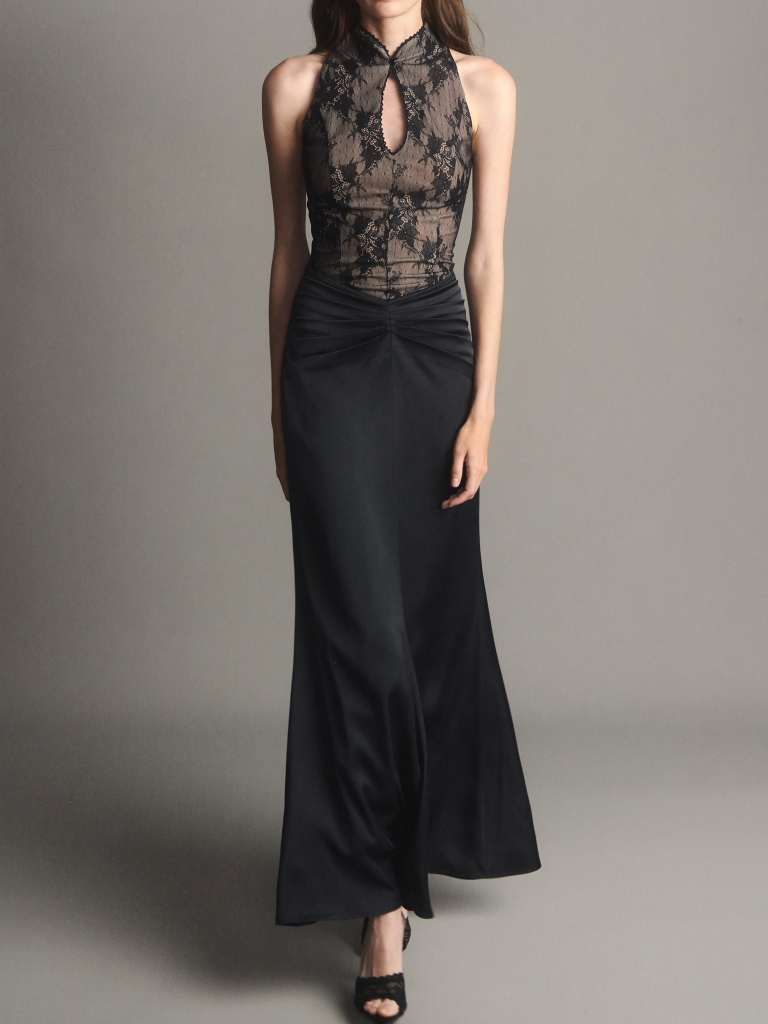 Maxi dress with a lace bodice and hip draping