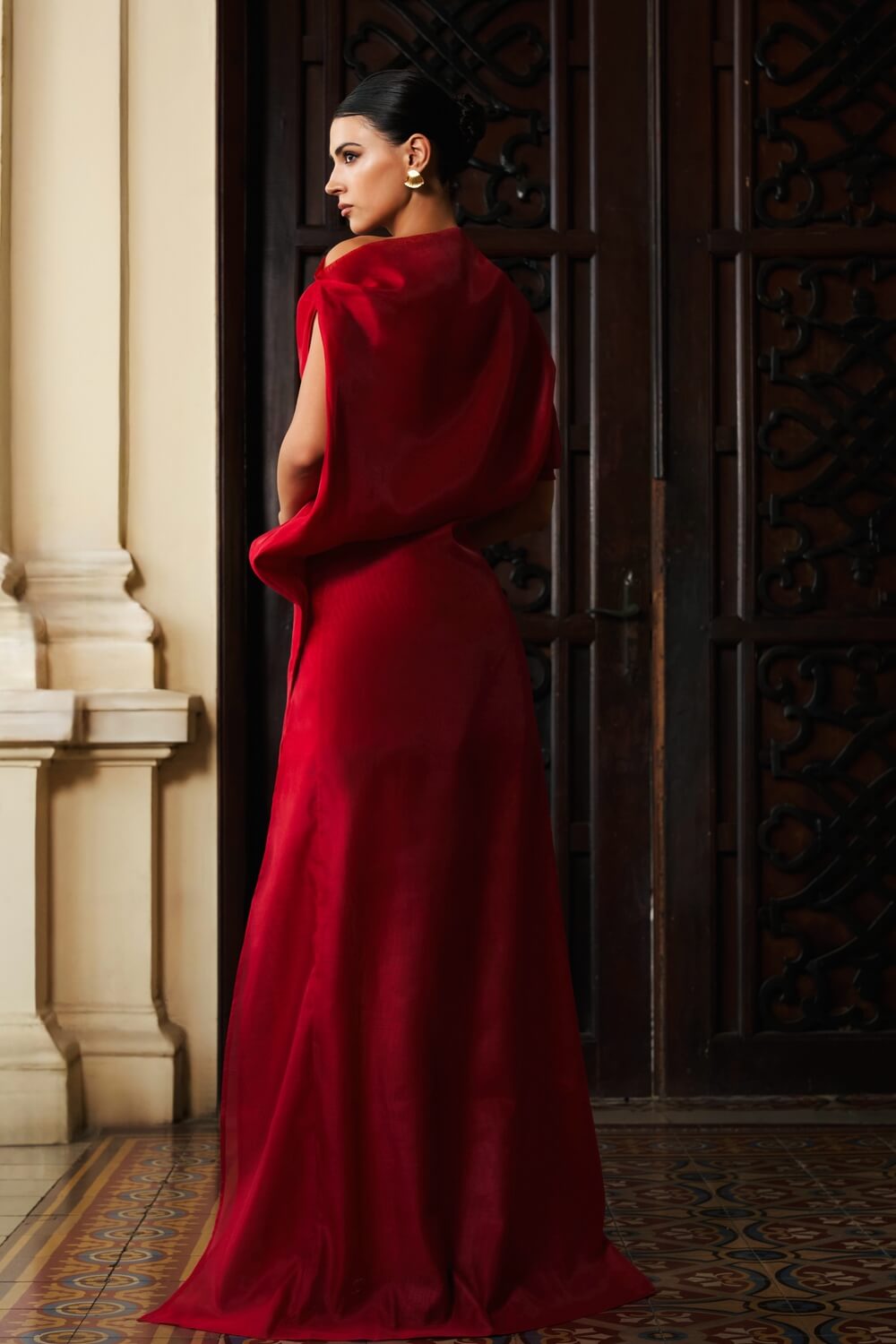 Anh Kim Asymmetric Front Slit Silk Organza Floor Length Dress