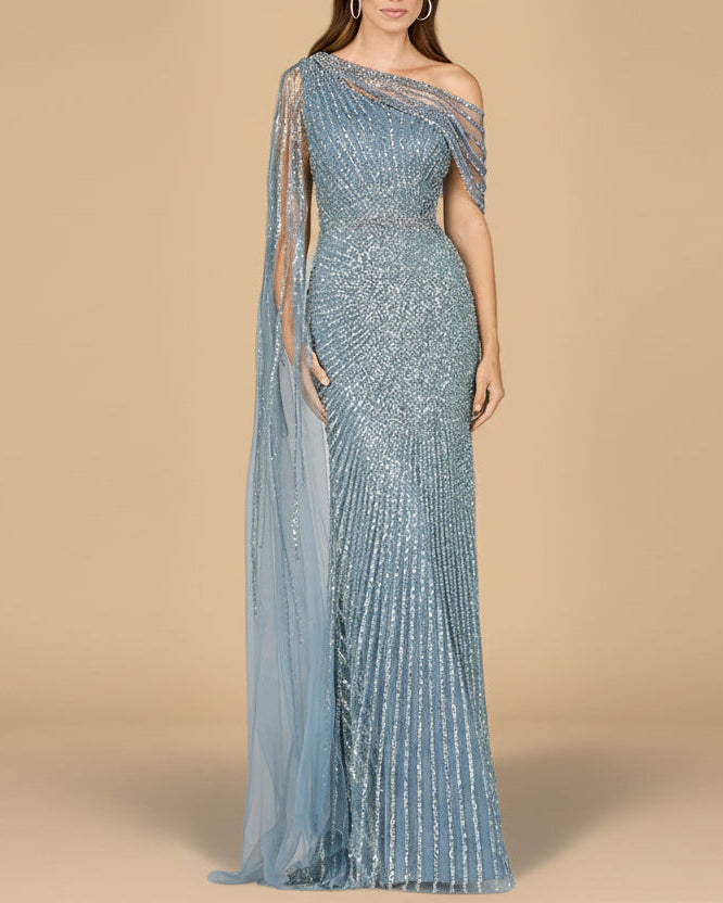 One Shoulder Fitted Gown with Cape Sleeve
