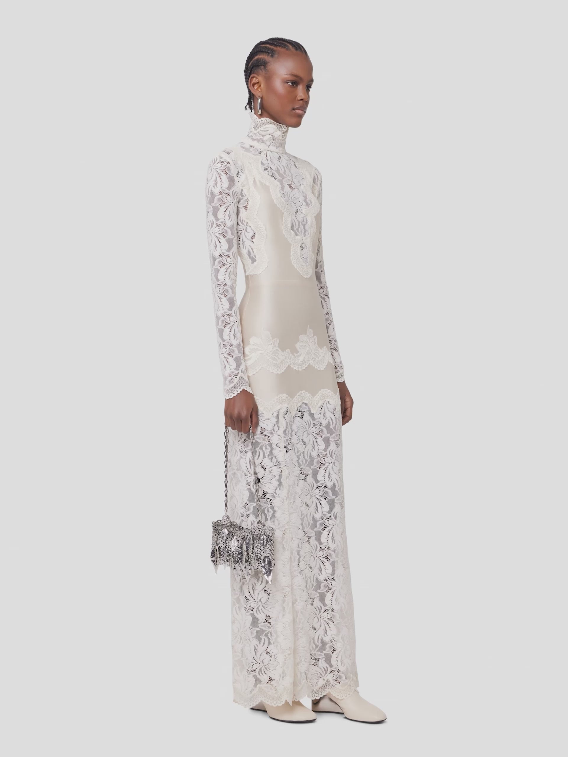 Cream Lace High Neck Long Sleeve Maxi Dress