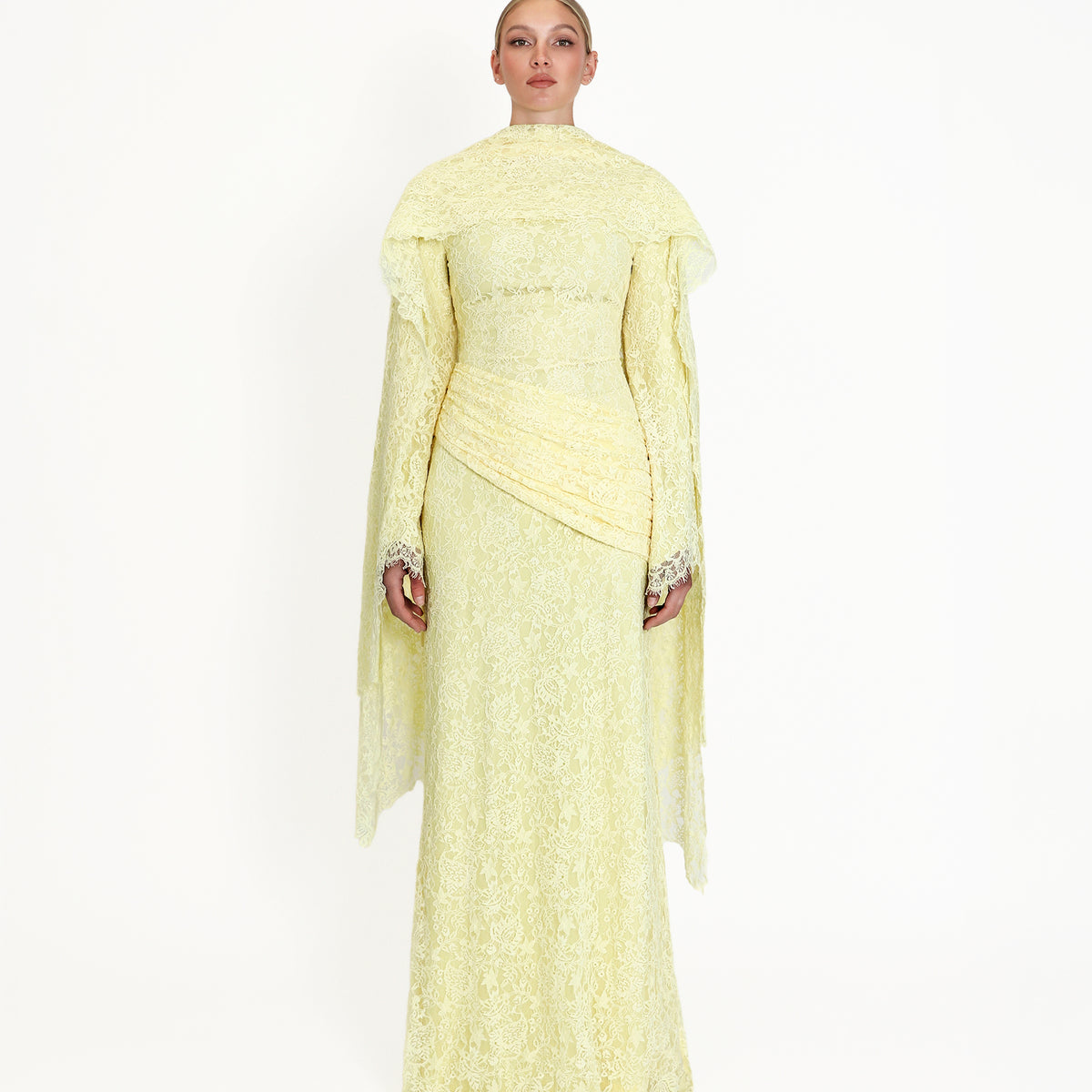 Pastel Yellow Lace Cape Maxi Gown