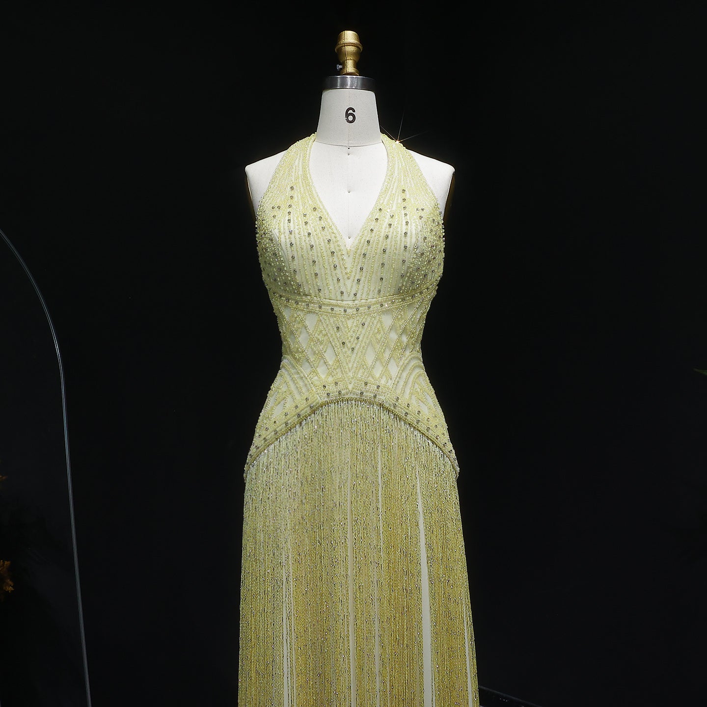 Gala Exquisite Yellow Beaded Halter Neck Deep V Evening Dress SS554