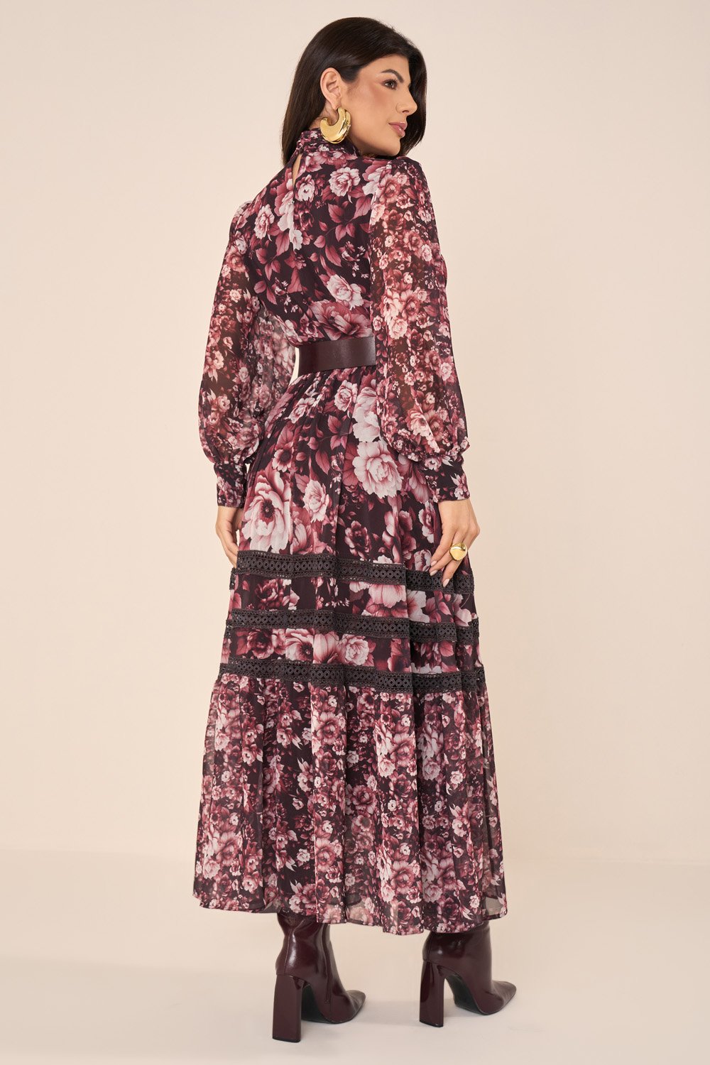 Vestido Longo Floral com Guipir Vinho