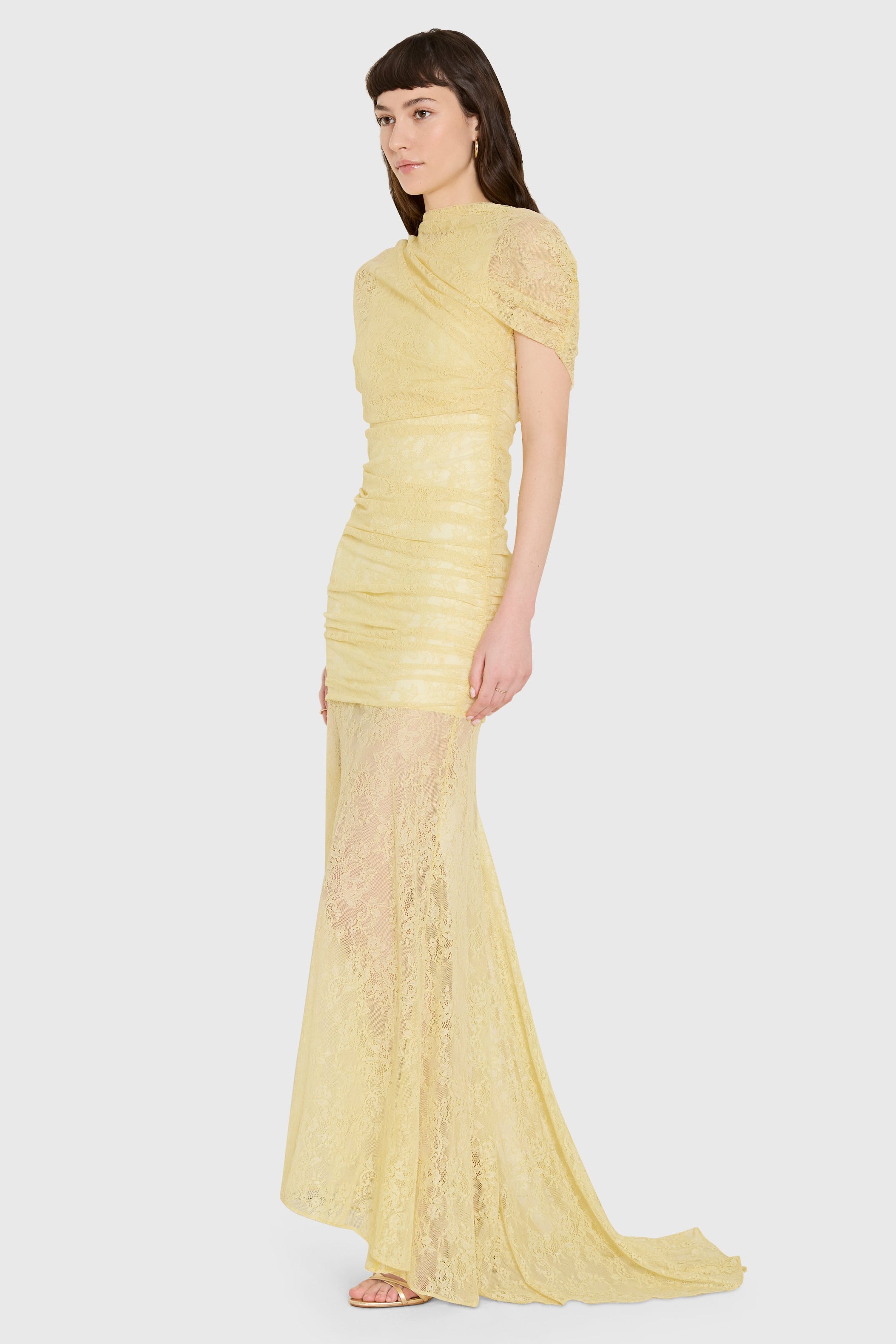 Evianna Pale Yellow Lace Ruched Maxi Dress
