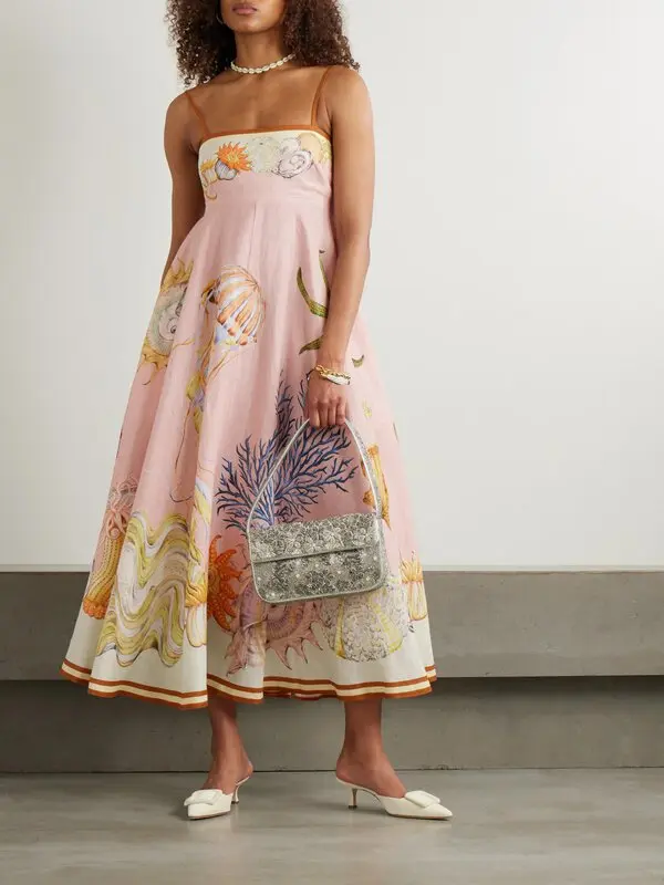 Sam Pauletto Nereids Shirred Printed Linen-gauze Midi Dress - Pink
