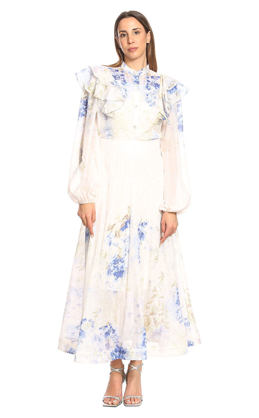Blue Floral Ruffle Midi Dress
