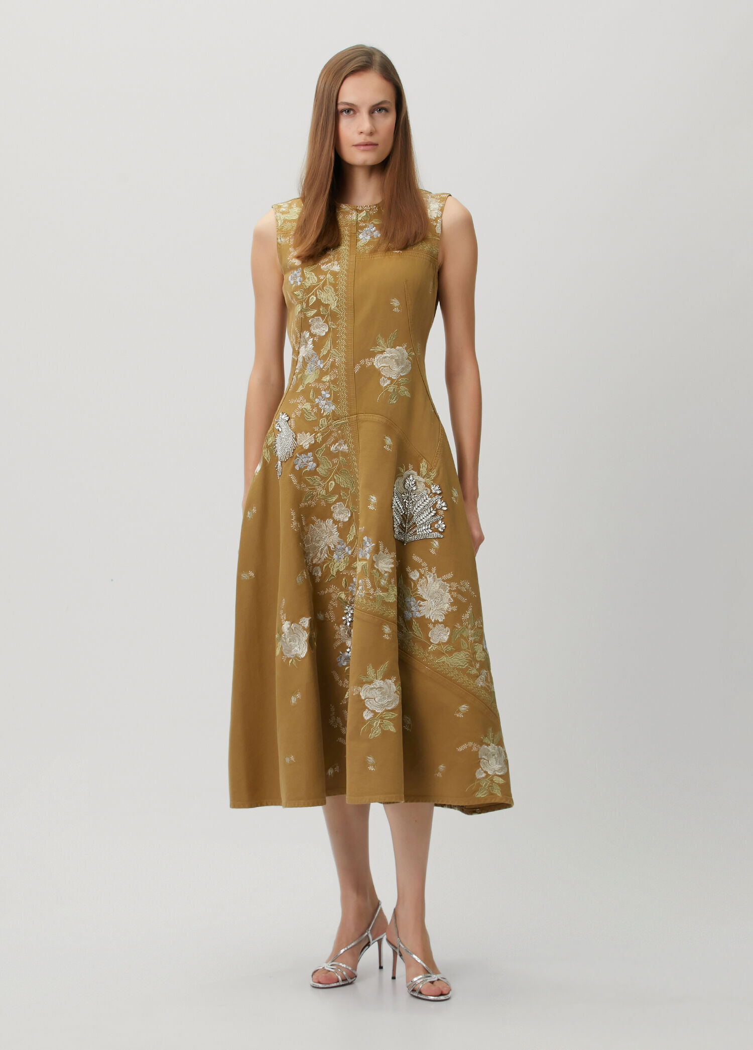 Khaki Floral Embroidered Midi Dress