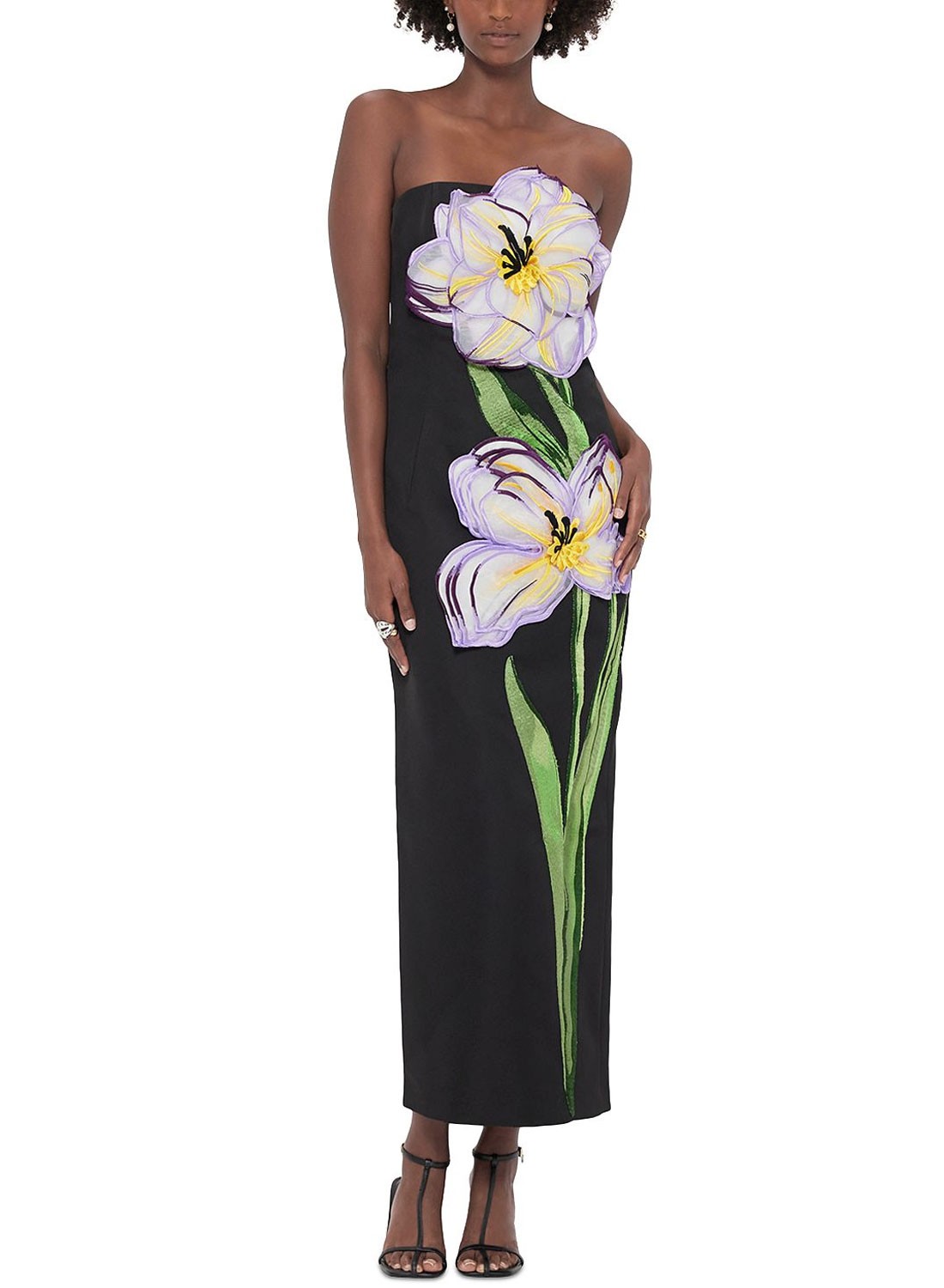 Black Strapless Midi Dress with 3D Purple Yellow Floral Appliqué