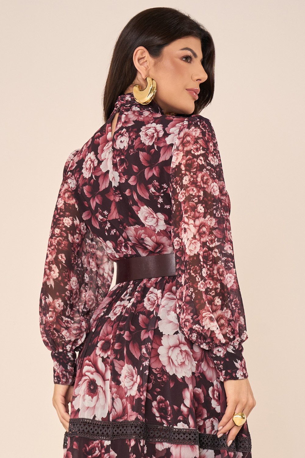 Vestido Longo Floral com Guipir Vinho