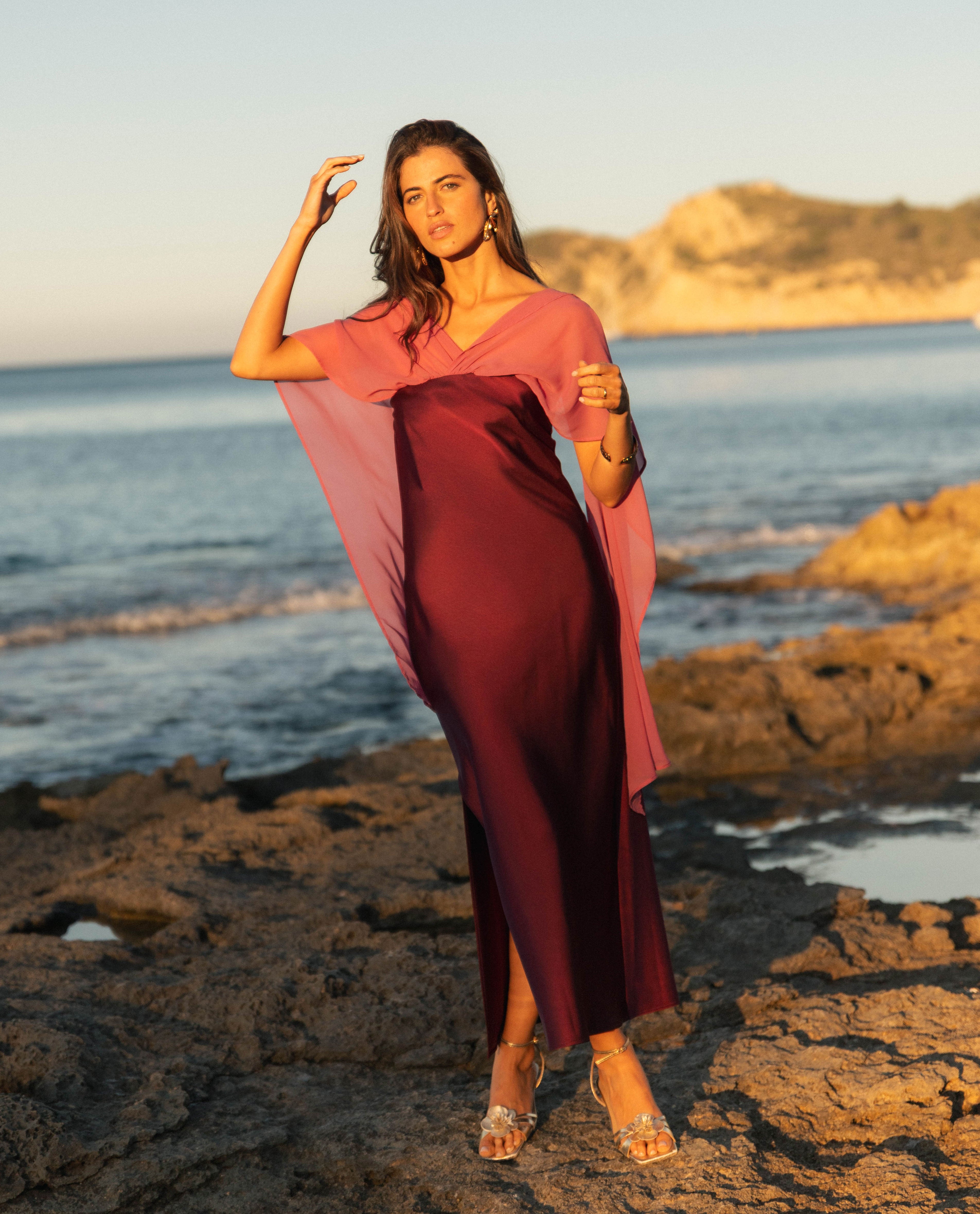 Flowy Chiffon Cape Overlay Gown